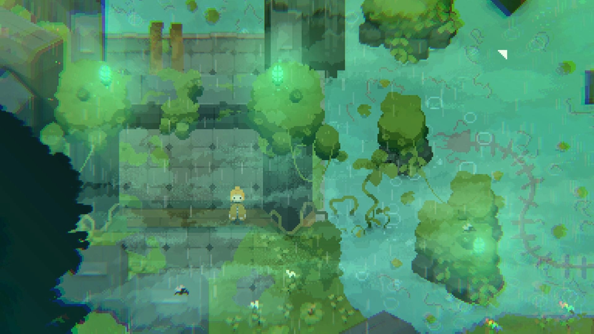 ZWAARD: Small character stands on cracked stone path in rainy overgrown ruins with glowing green lights.