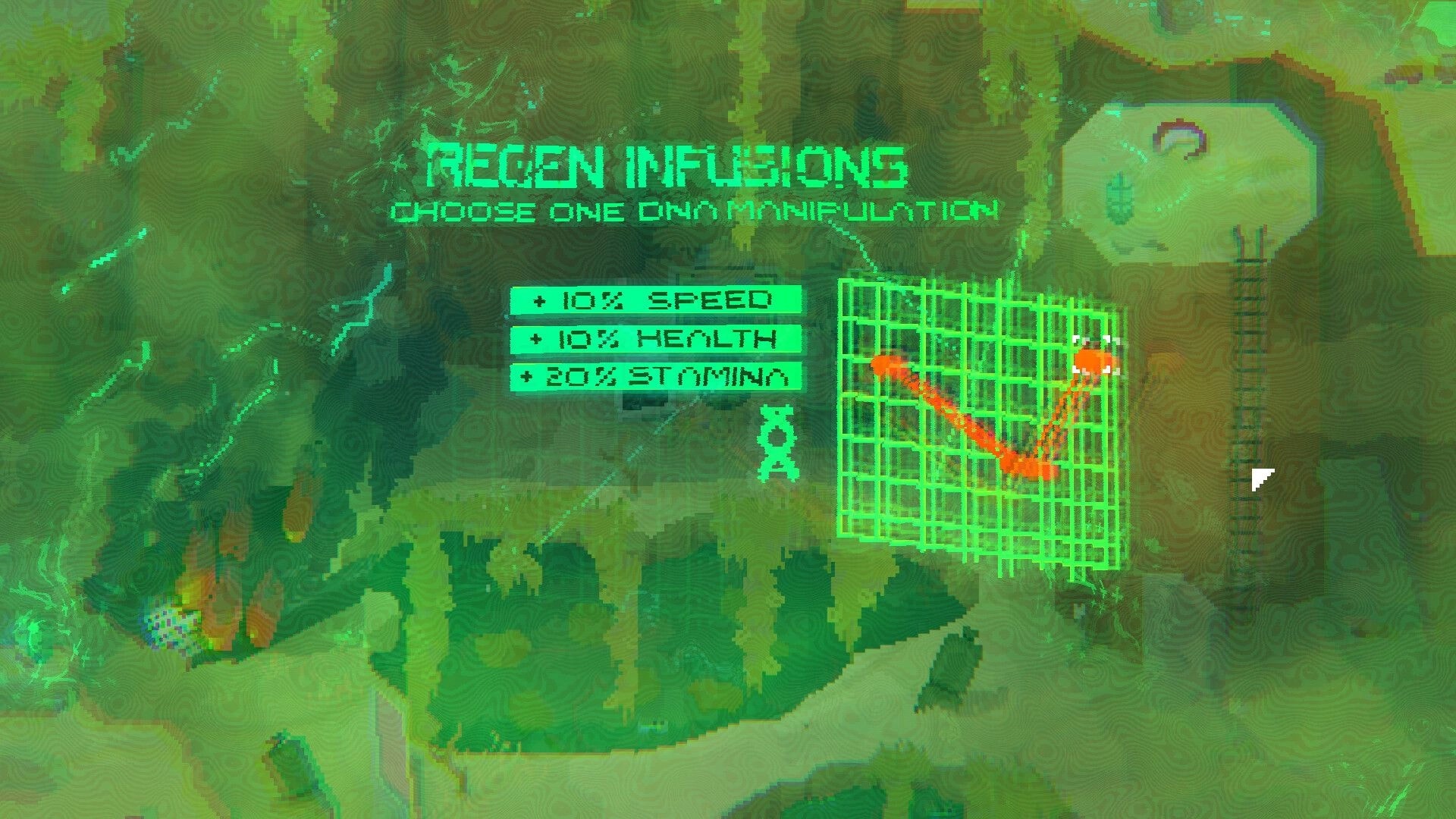 ZWAARD: Regen Infusions upgrade menu with speed, health, stamina options over green map grid UI.