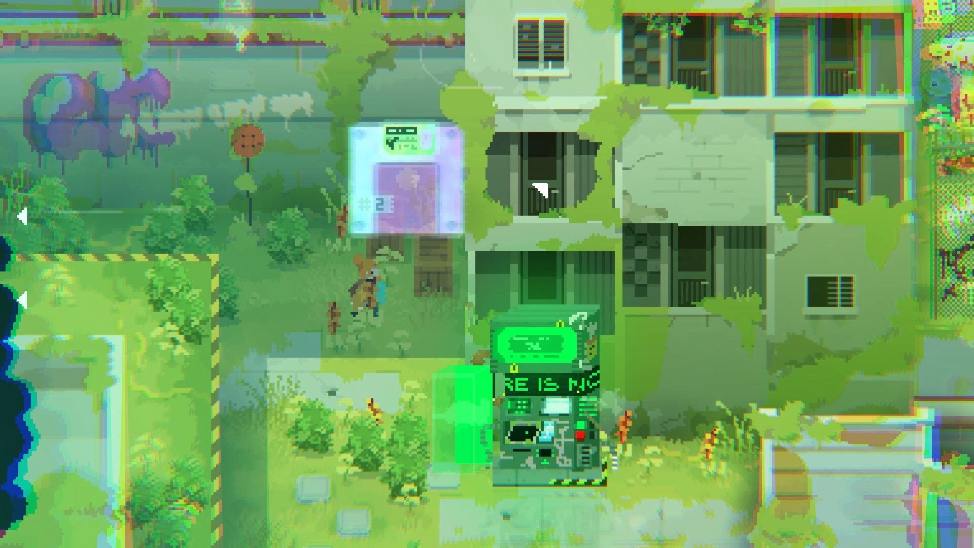 ZWAARD: Player interacts with glowing terminal beside ruined apartments in overgrown, pixelated city block.