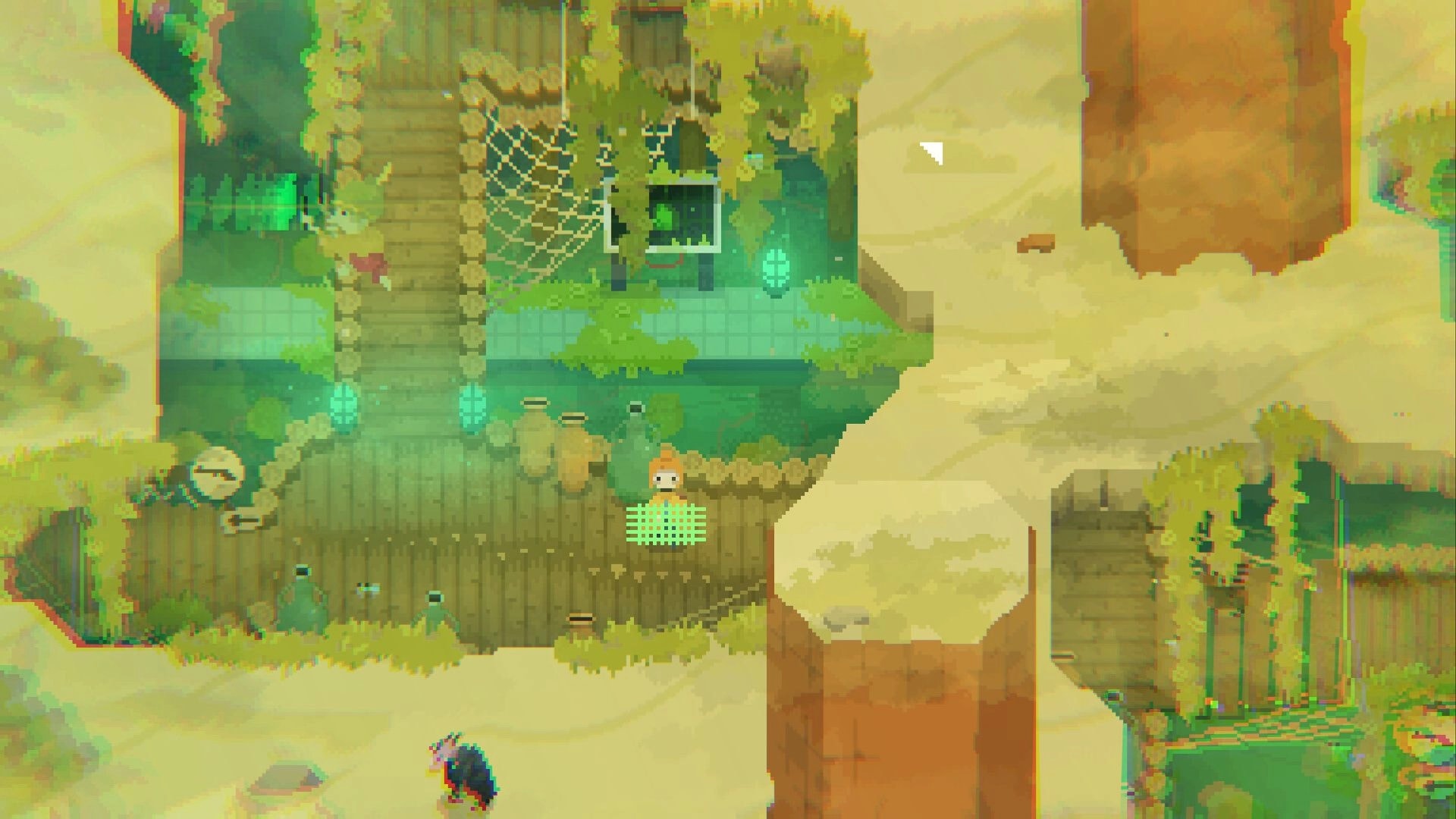 ZWAARD: Player explores vine-covered ruins with glowing orbs and jars, top-down pixel scene.