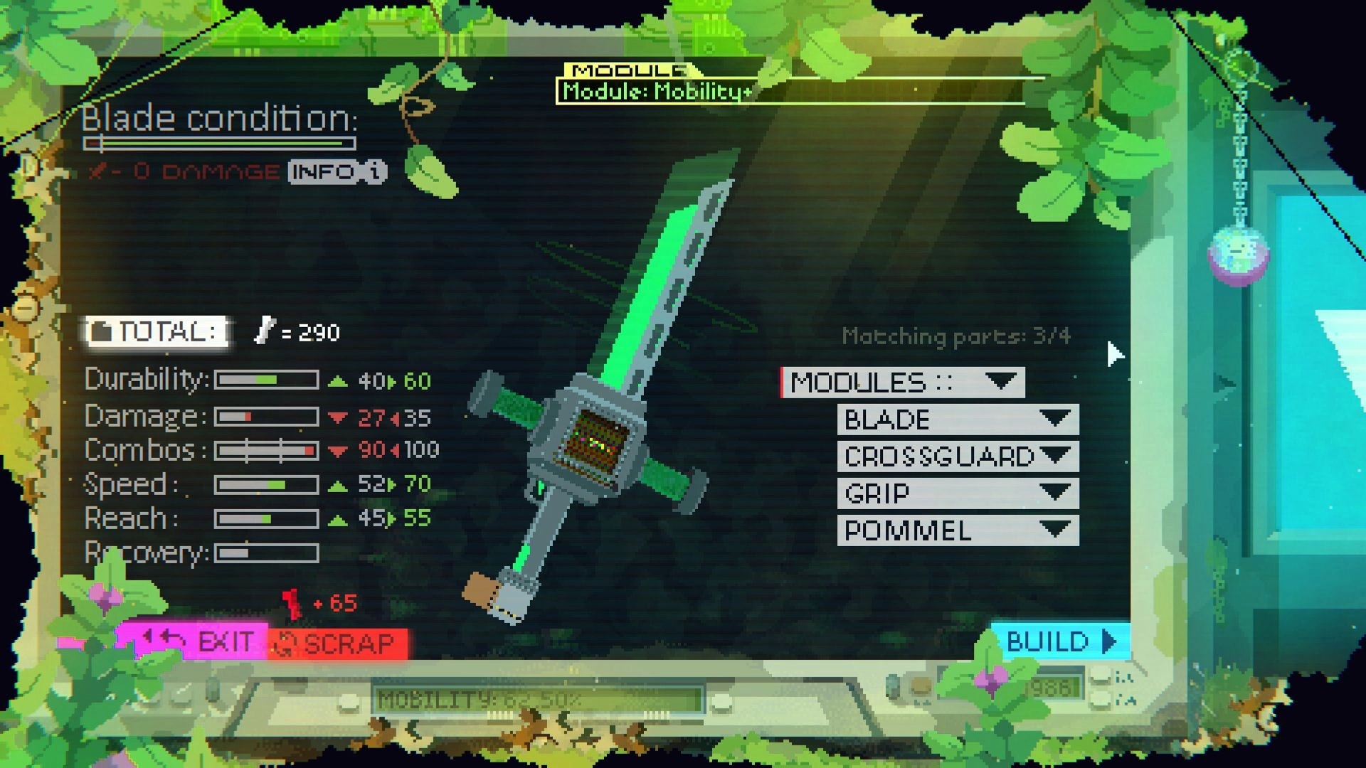 ZWAARD: Sword crafting module menu with blade stats bars and parts list on a leafy workbench screen.