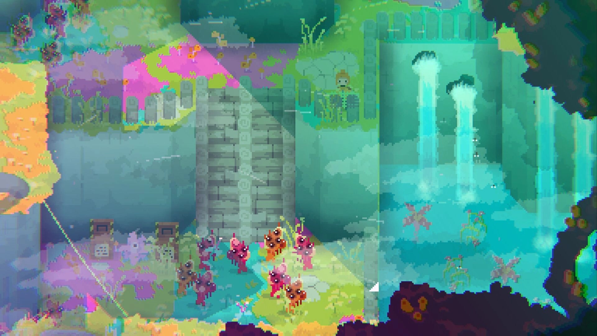 ZWAARD: Top-down view of small creatures near a stone gate and waterfalls in a colorful cave area.