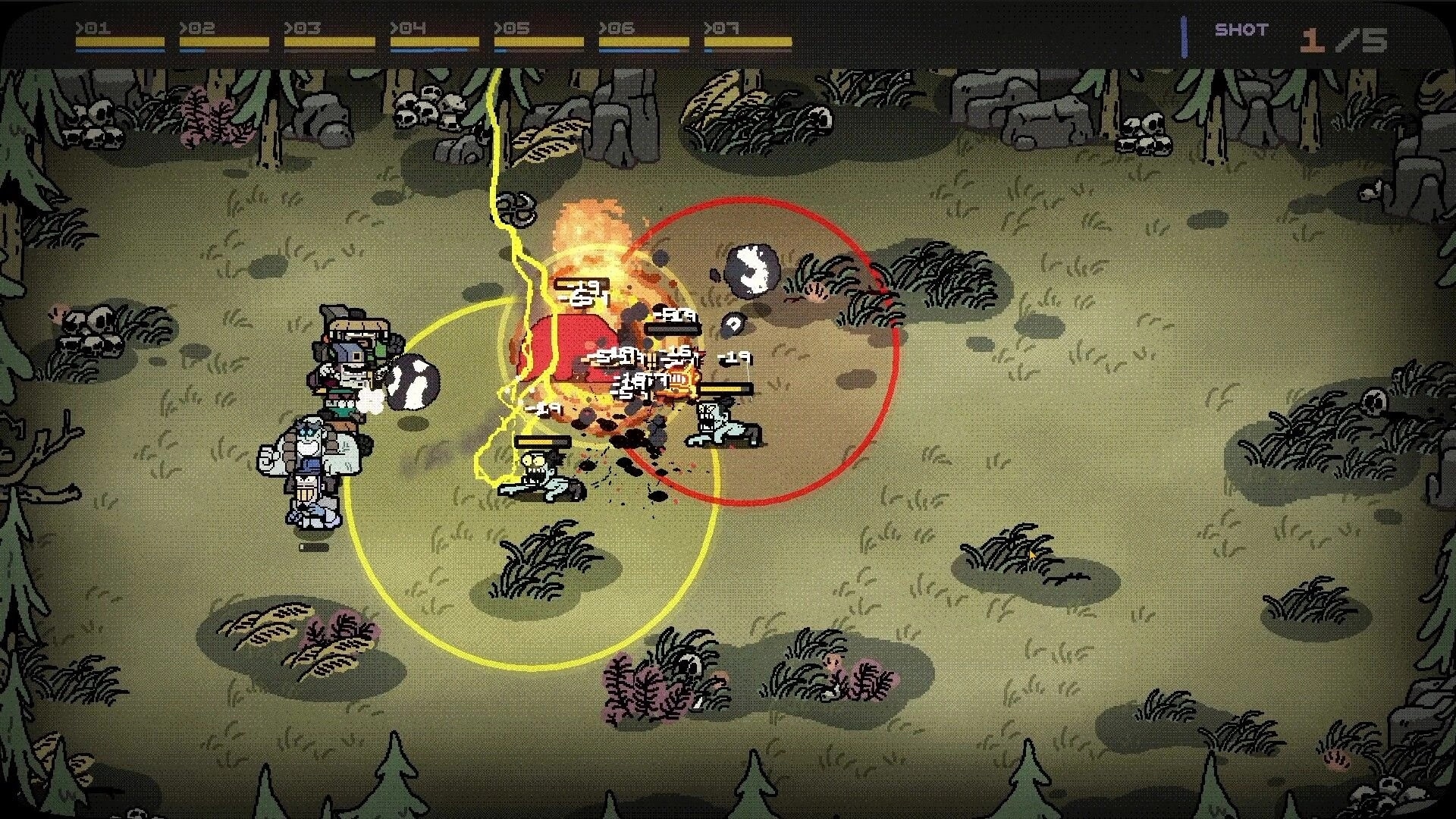 07GORILLAS: Gorillas engage in combat with enemies in a forest arena with health bars displayed.