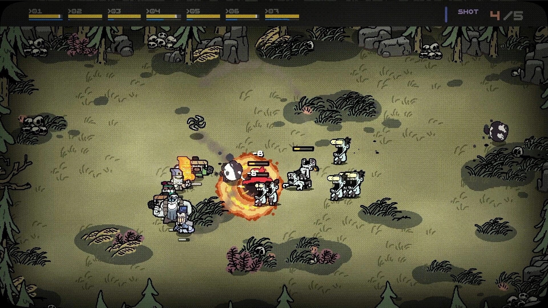 07GORILLAS: Gorillas in combat with enemies in a forest arena, UI showing unit health and shot counter