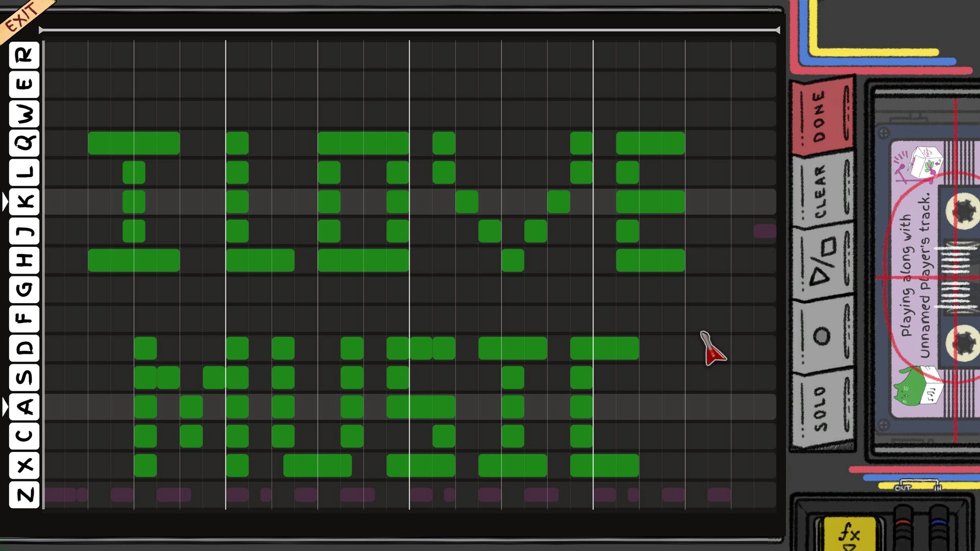 10 Second Mixtape: Piano roll editor placing green note blocks on a grid beside tape deck controls UI.