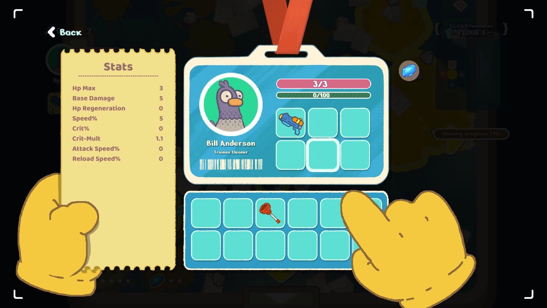 100% Clean Inc.: Character stats menu with Bill Anderson's profile and inventory in company building.