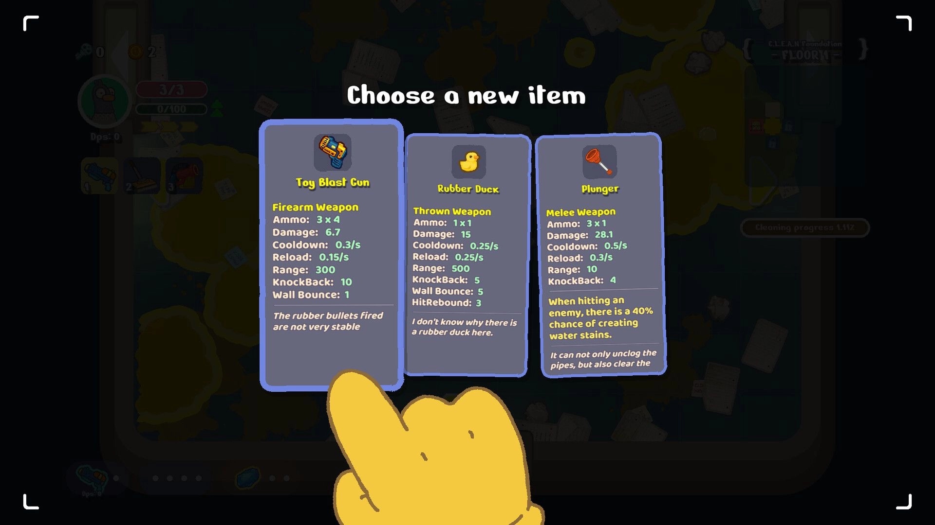 100% Clean Inc.: Item selection screen with Toy Blast Gun, Rubber Duck, and Plunger options displayed