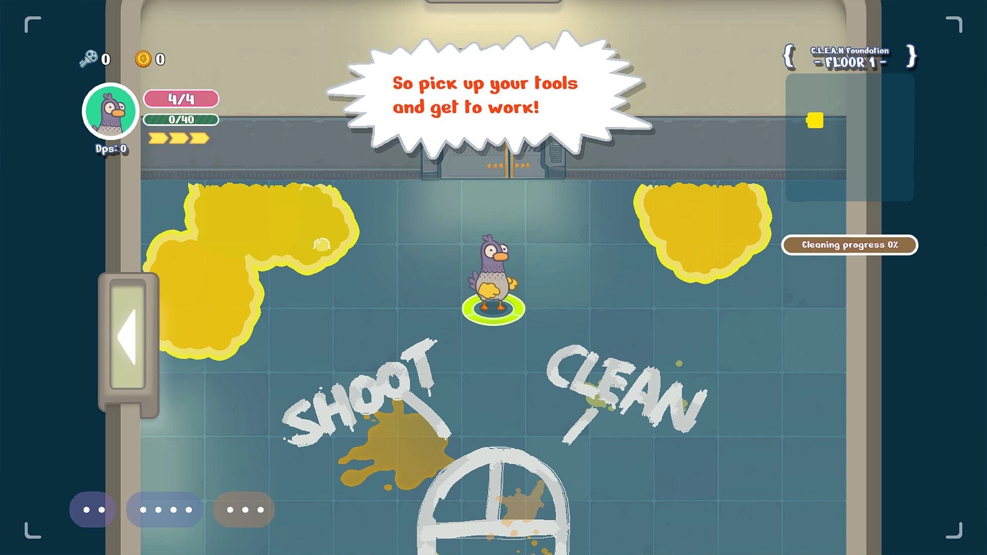 100% Clean Inc.: Intern character stands on tiled floor with "Shoot" and "Clean" text, cleaning progress 0%