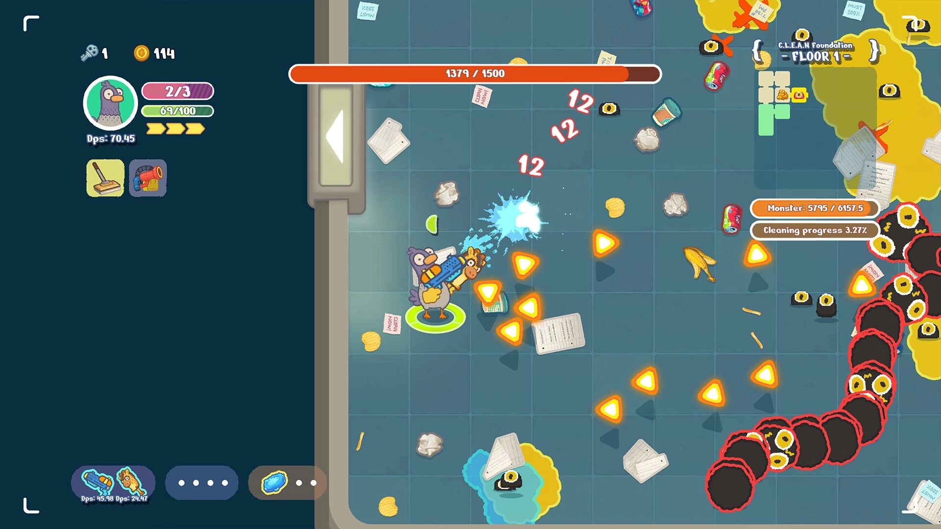 100% Clean Inc.: Intern battles worm-like monster with water gun in cluttered office floor environment