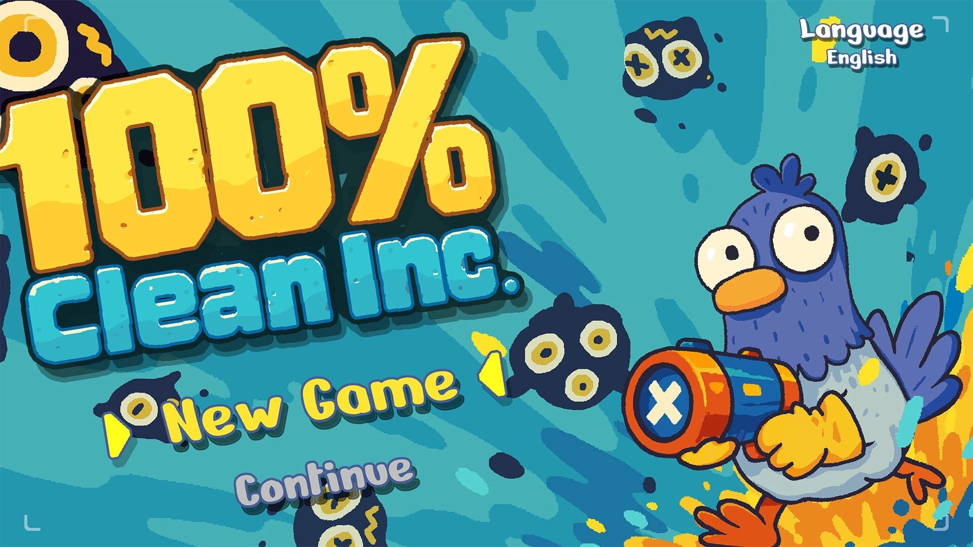 100% Clean Inc.: Main menu featuring a cartoon bird holding a blaster with new game and continue options