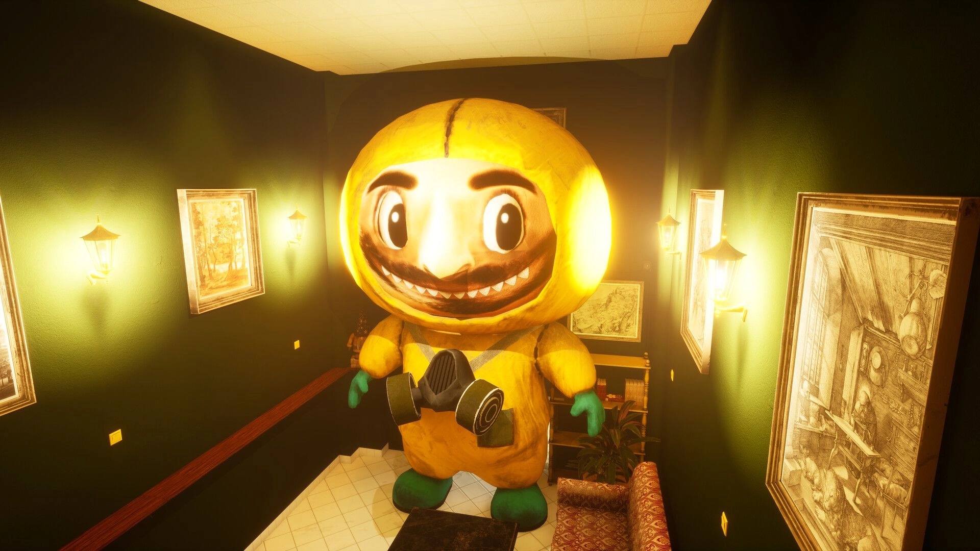 11 Trials of Raz: Giant hazmat mascot blocks a stairwell in a bright hallway with framed art and lamps.