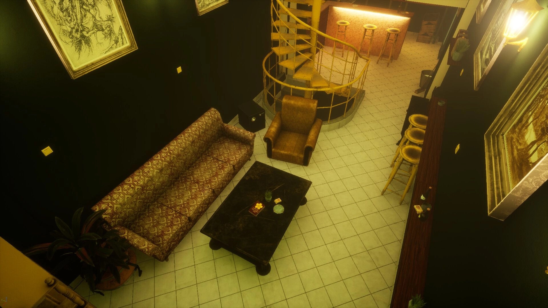 11 Trials of Raz: Lounge with sofa, armchair and coffee table beside spiral stairs and bar stools.