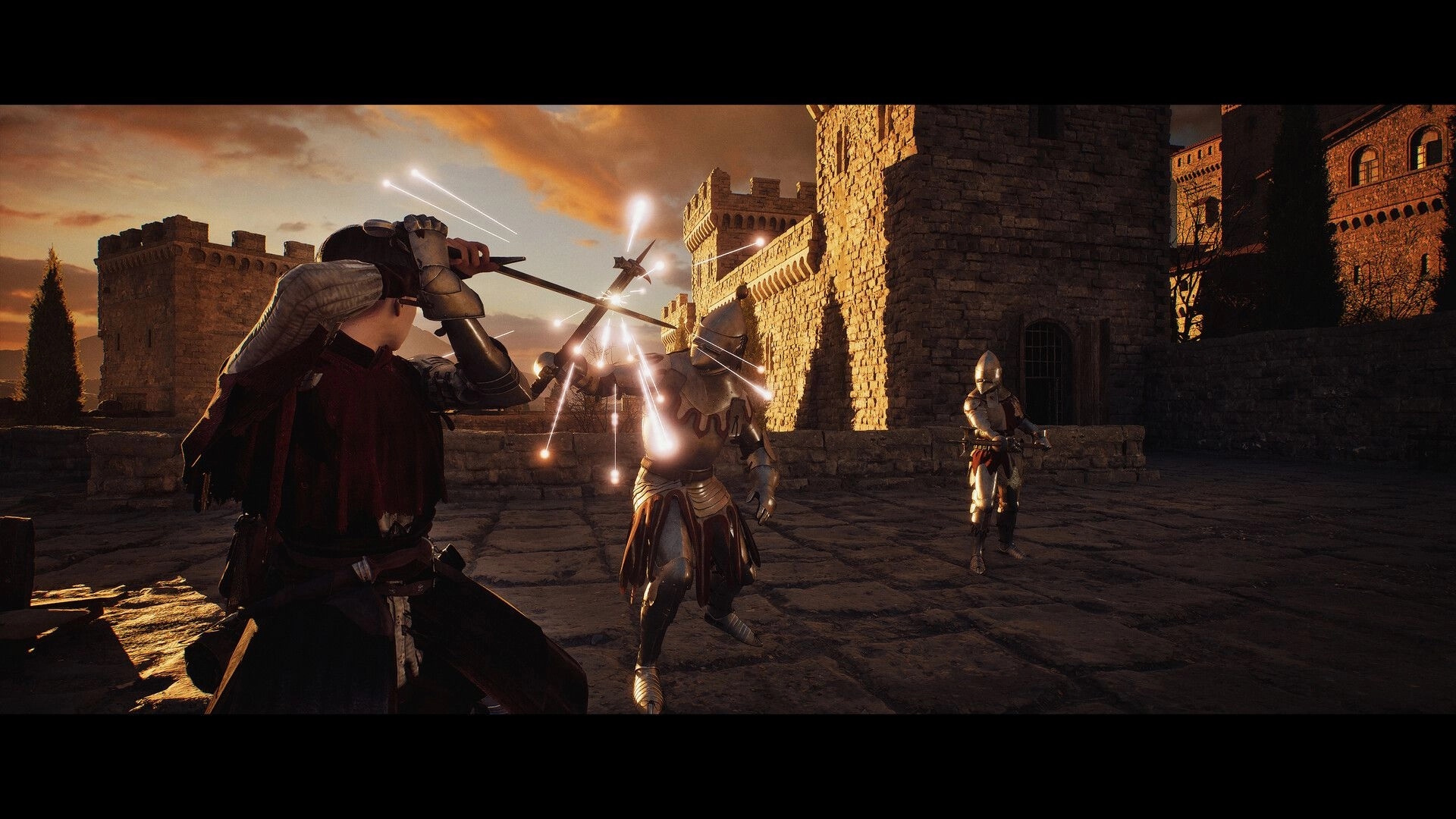 1348 Ex Voto: Sword clash with armored knights, sparks flying on a castle courtyard at sunset.
