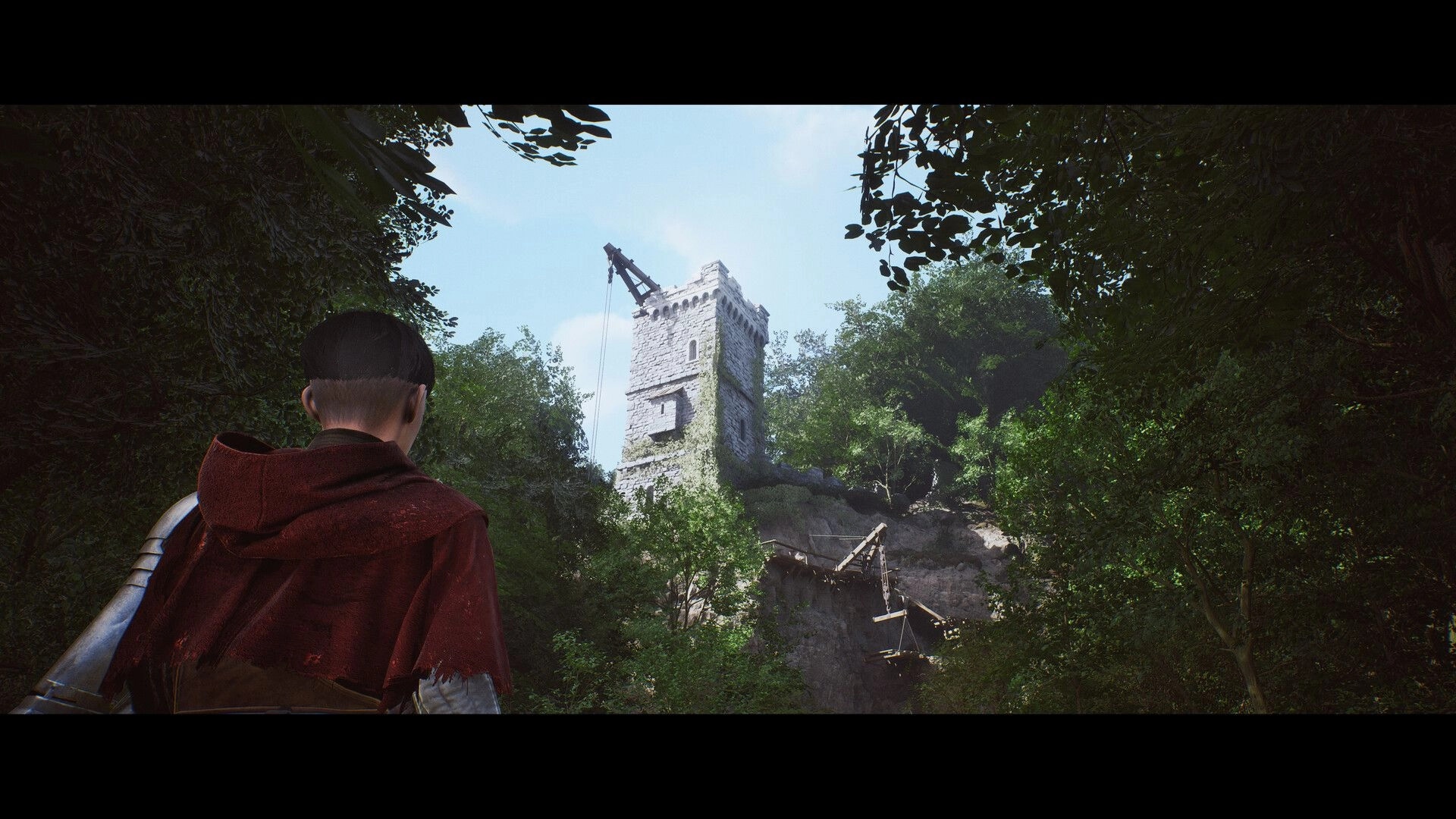 1348 Ex Voto: Third-person view of a cloaked knight facing a ruined stone tower in dense forest.