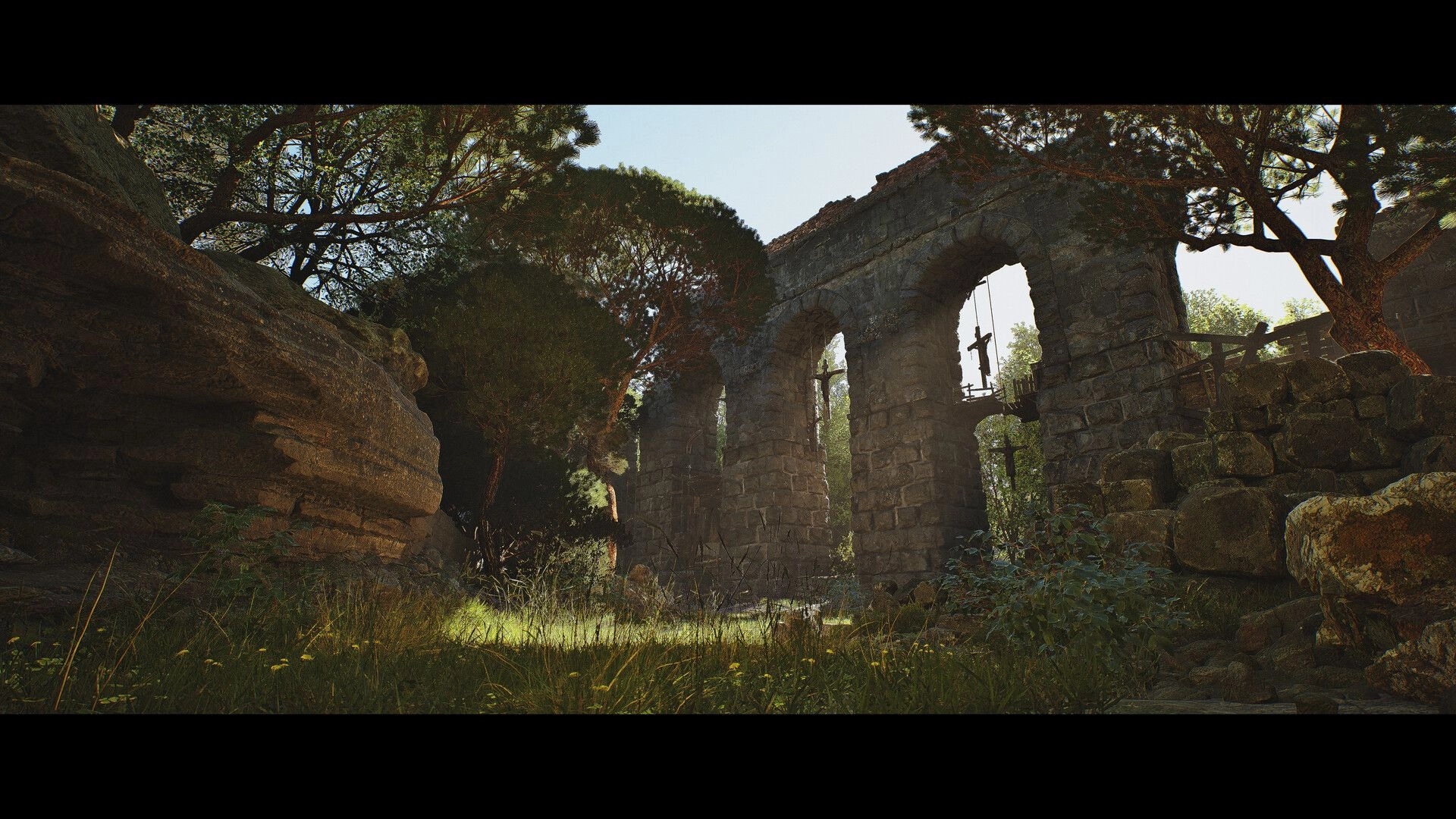 1348 Ex Voto: Sunlit stone aqueduct ruins with hanging crosses and tall pines in overgrown grassland.