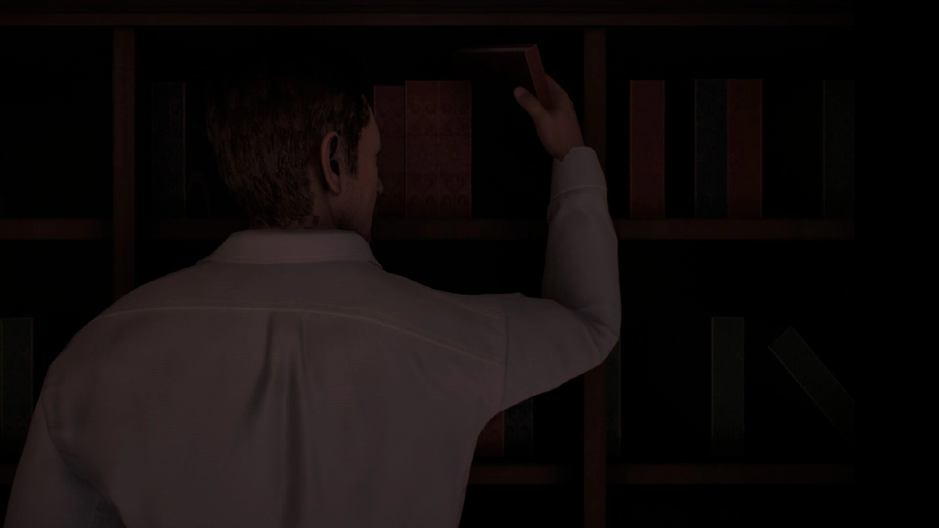 13th Ball: Man reaches for a book on a dim bookshelf in a shadowy back room scene at night.