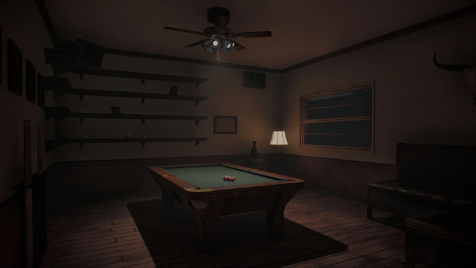 13th Ball: Racked pool balls on a table in a dim bar room with empty shelves, lamp, and window.