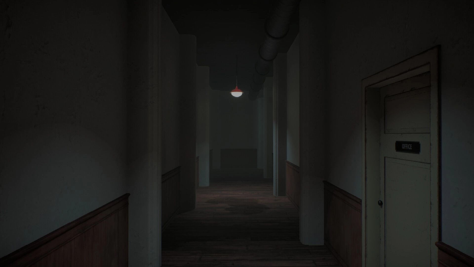 13th Ball: Walking down a dim hallway past an Office door, single ceiling lamp in foggy bar backroom.