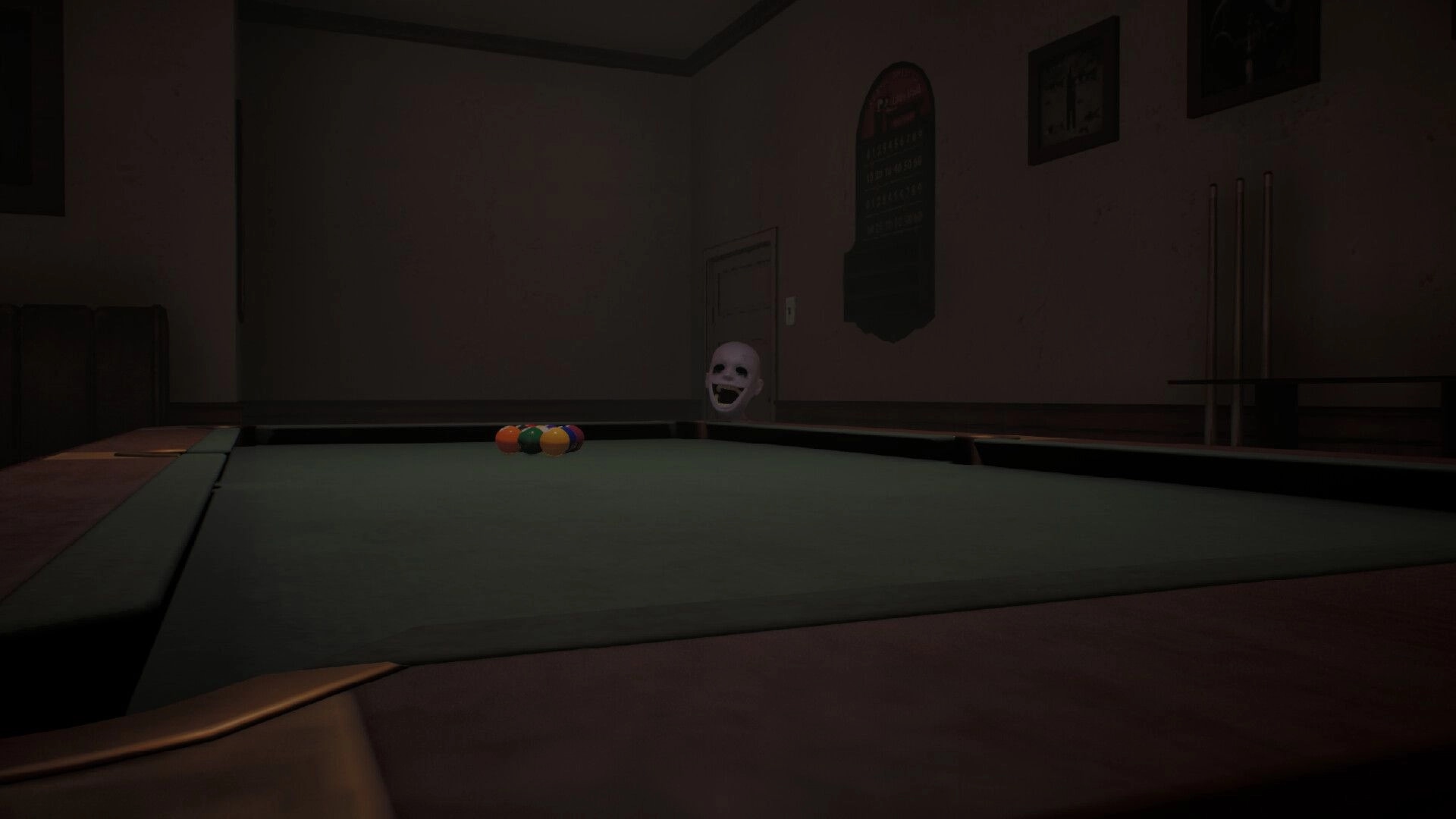 13th Ball: Pool table with racked balls as a creepy white mask peeks from a back doorway in bar.