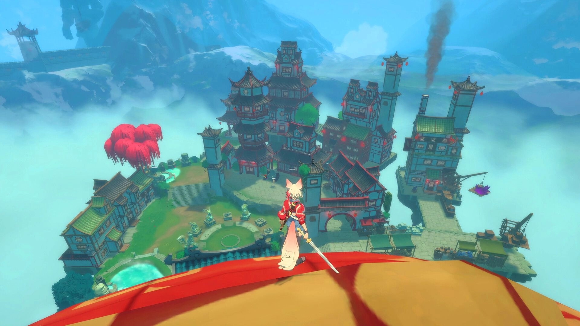 13Z: Character with sword overlooks vibrant village from cliff with red tree and smoke in the distance