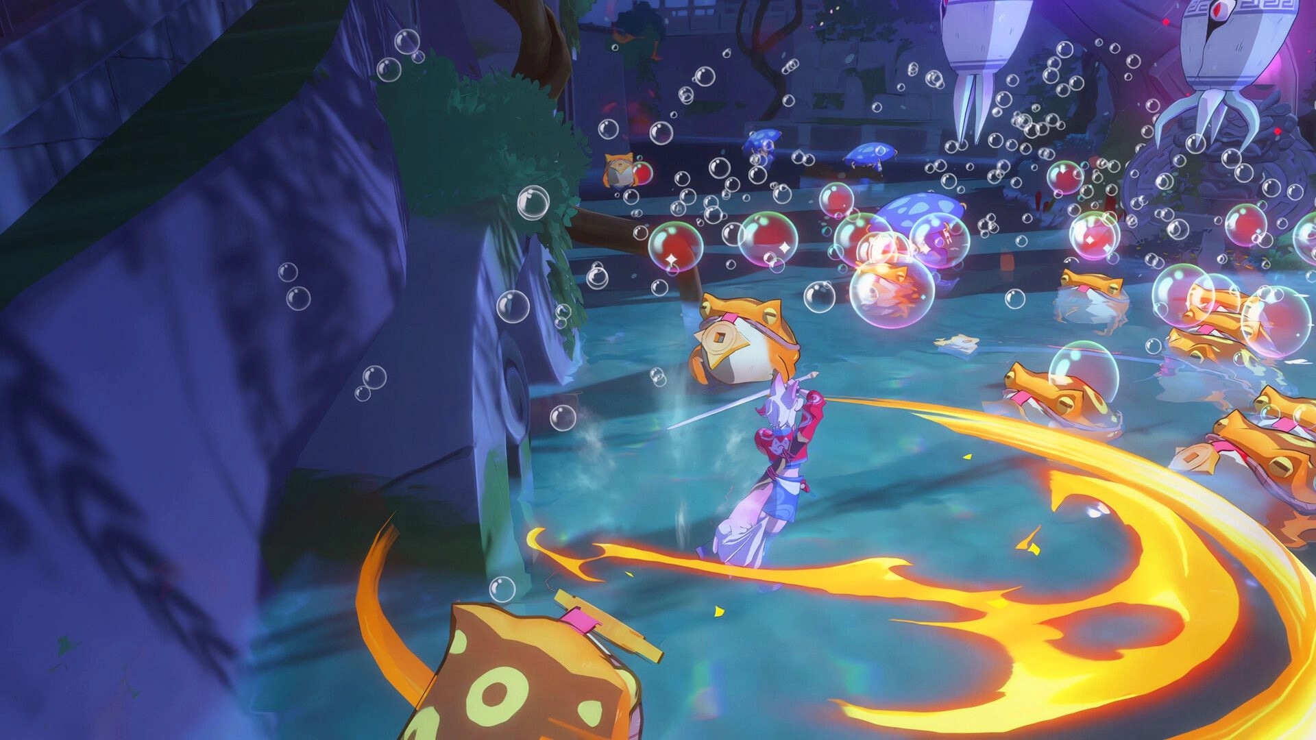 13Z: Player battling aquatic creatures with fiery sword in an underwater cavern filled with bubbles