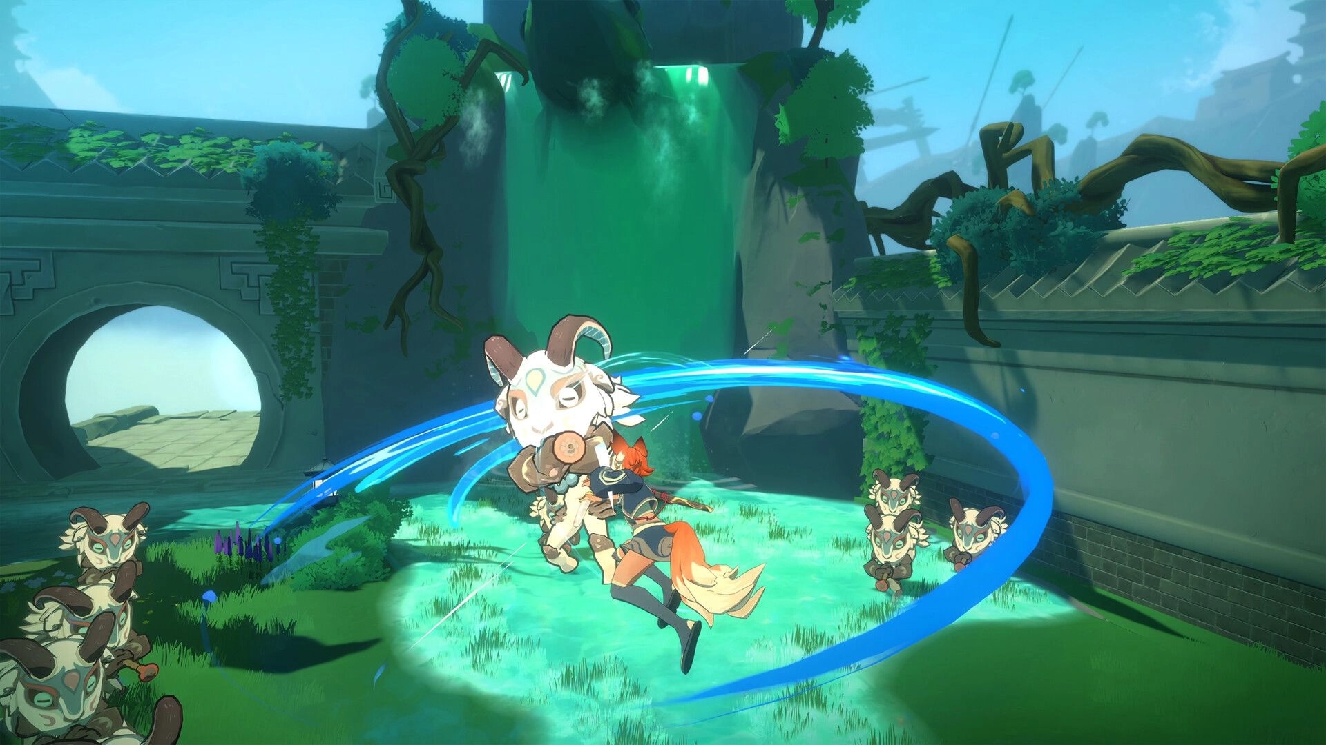 13Z: Character performs spinning attack against masked enemies near a waterfall in lush courtyard environment.
