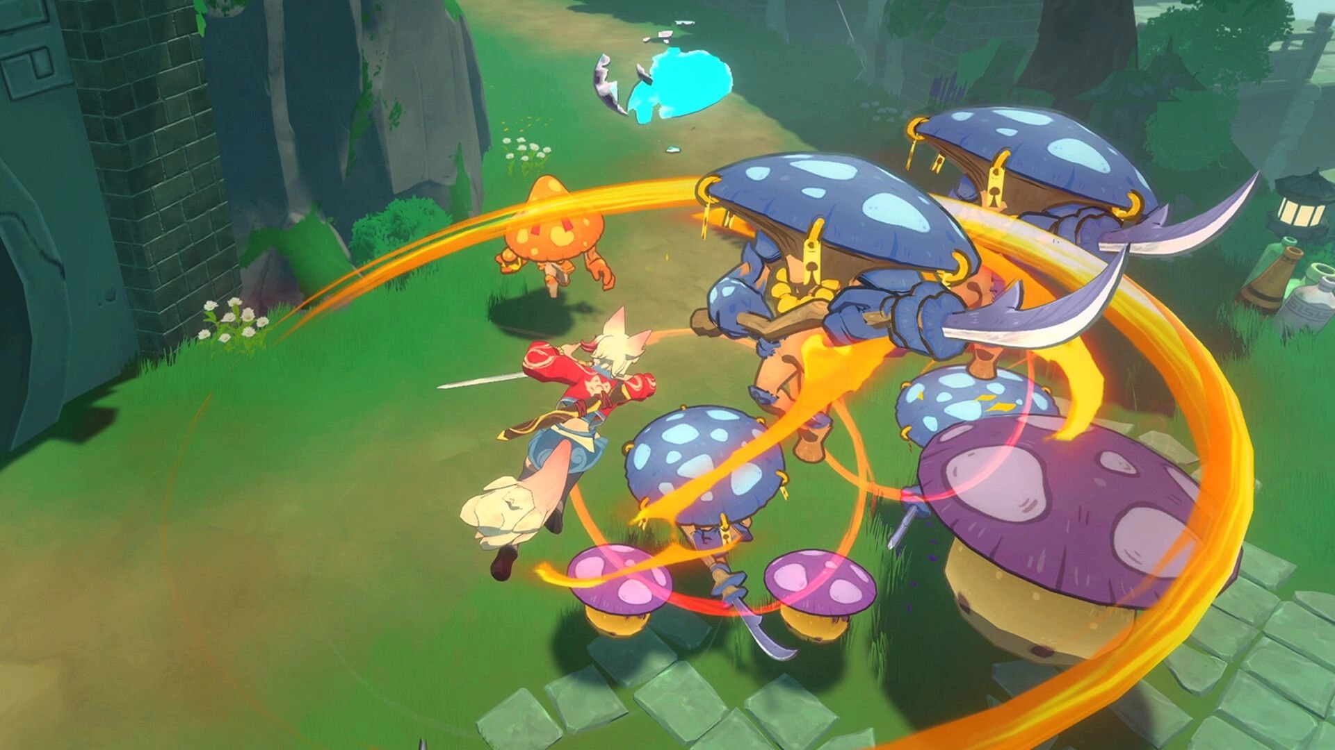 13Z: Hero battles mushroom creatures with swords in a grassy forest path, showcasing dynamic combat action.