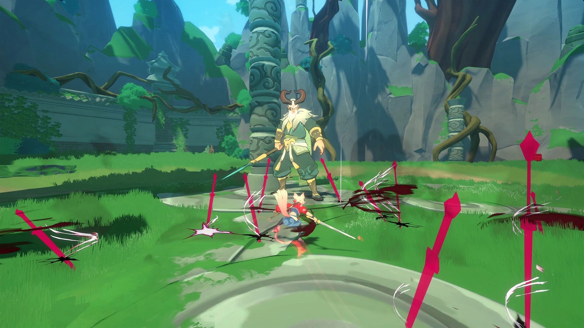 13Z: Intense battle with a horned enemy in a lush, overgrown temple courtyard with stone pillars.