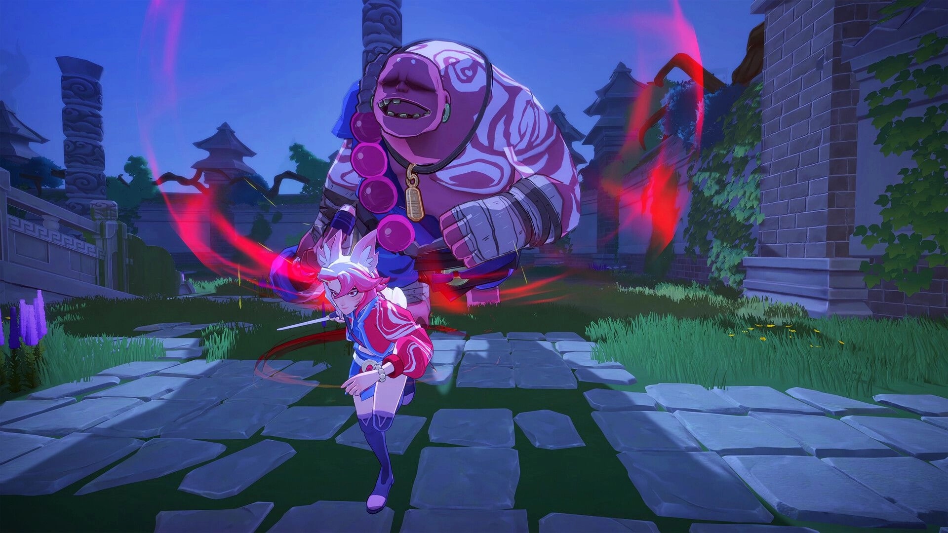 13Z: Player character dodges massive enemy attack in a lush, ancient temple courtyard setting.