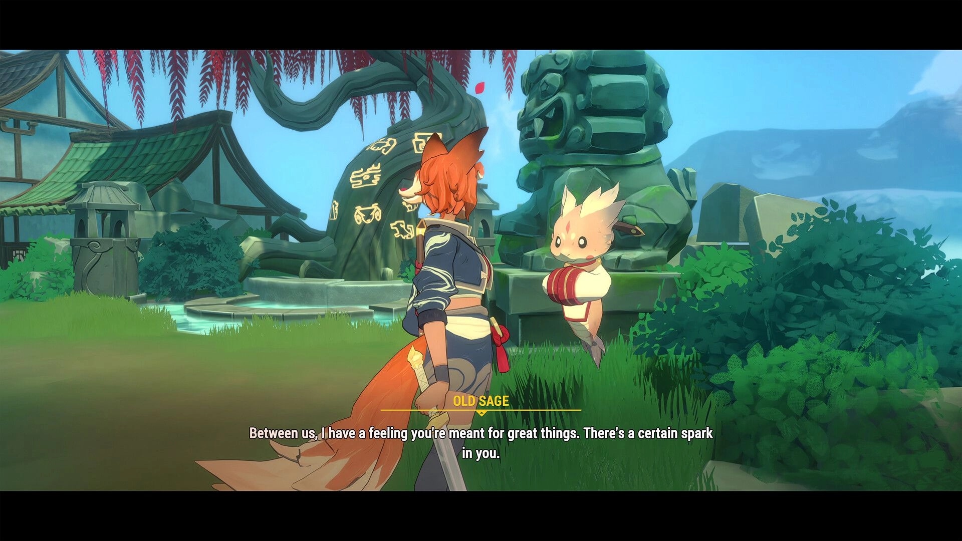13Z: Character with fox tail converses with floating creature in lush, mystical garden setting