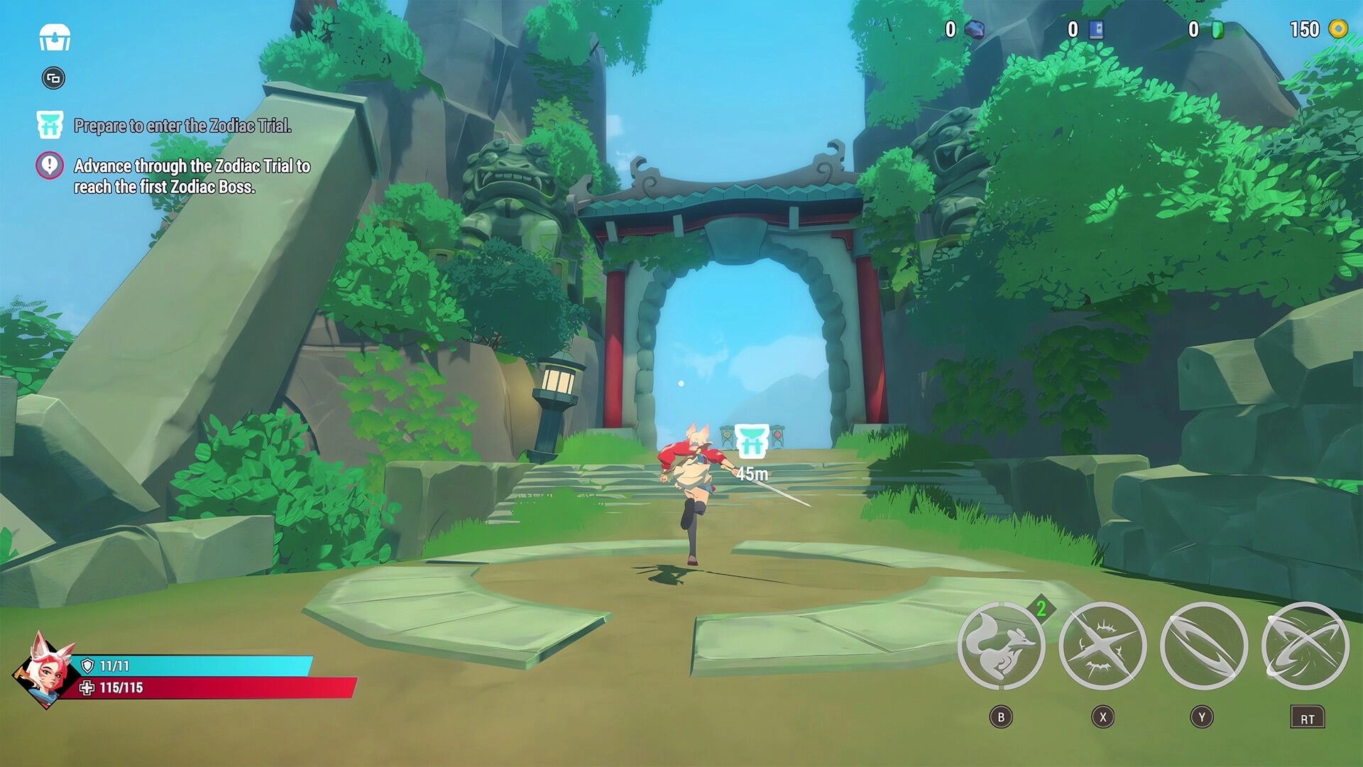 13Z: Character running towards a stone archway in a lush, green environment with UI elements visible.