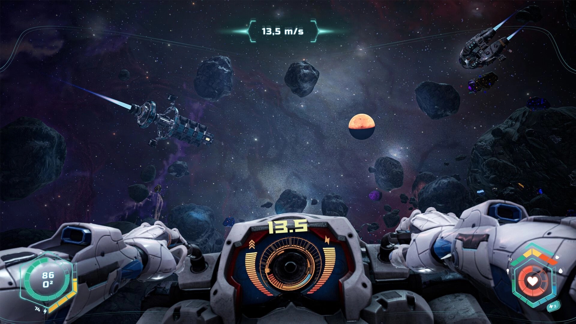 14: Cockpit view flying through asteroid field with speed readout 13.5 m/s and ship HUD in space.