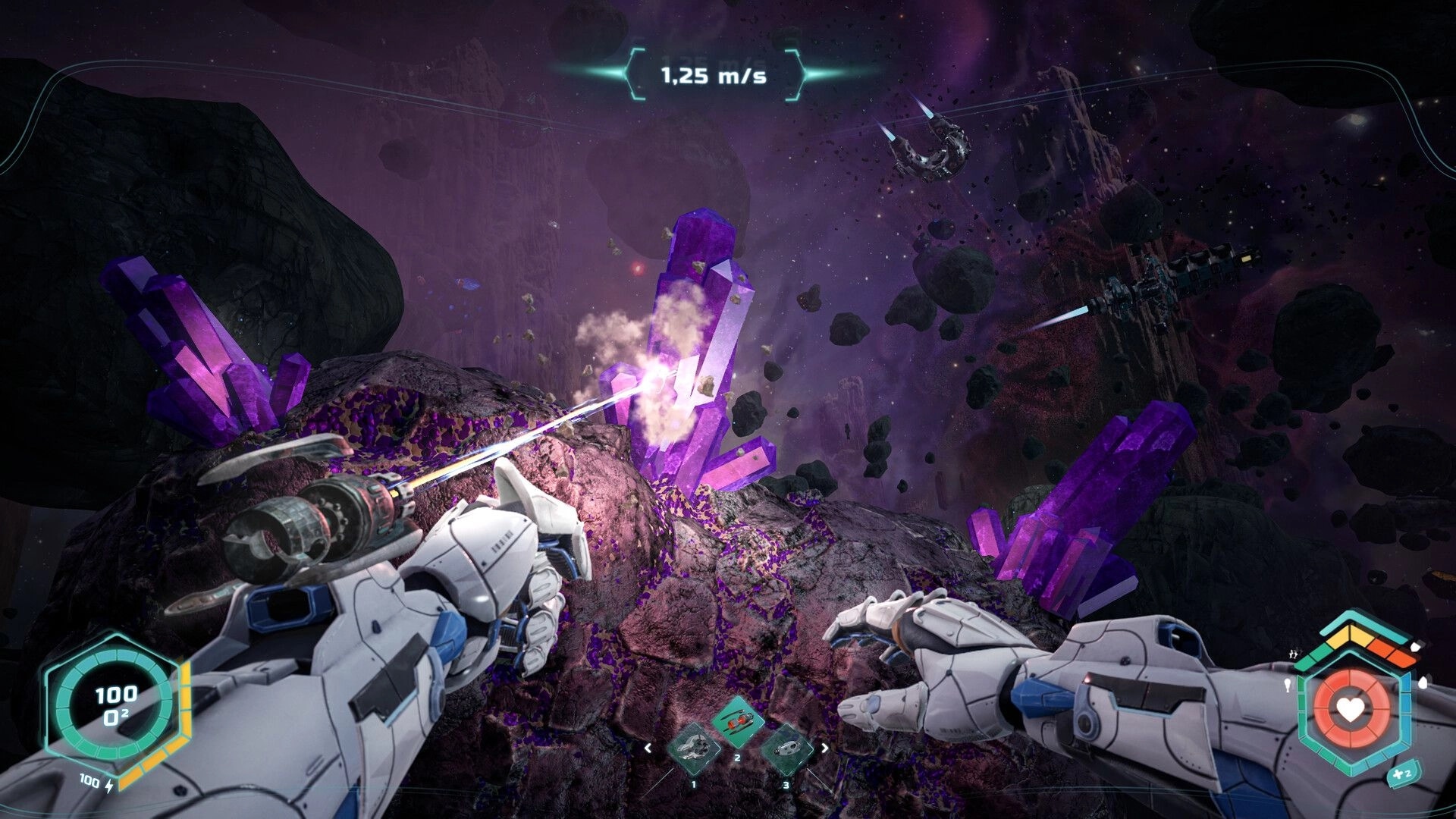 14: First-person mining laser hits purple crystals on asteroid, speed 1.25 m/s HUD in space.