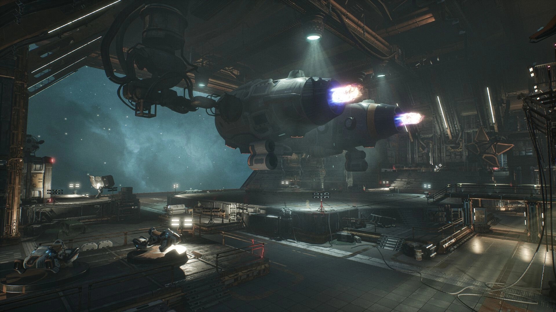 14: Ship hovers in a space hangar with engines burning, cranes, platforms, and work lights below.
