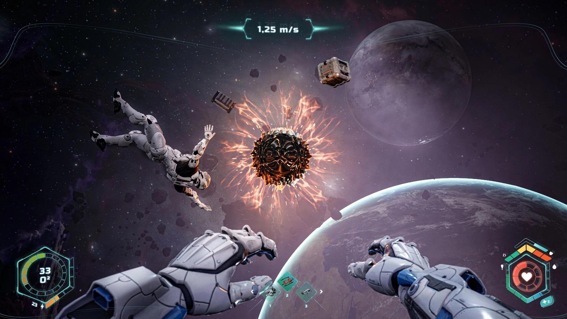 14: Astronaut drifting near a fiery anomaly with debris, planets and HUD speed and health meters.