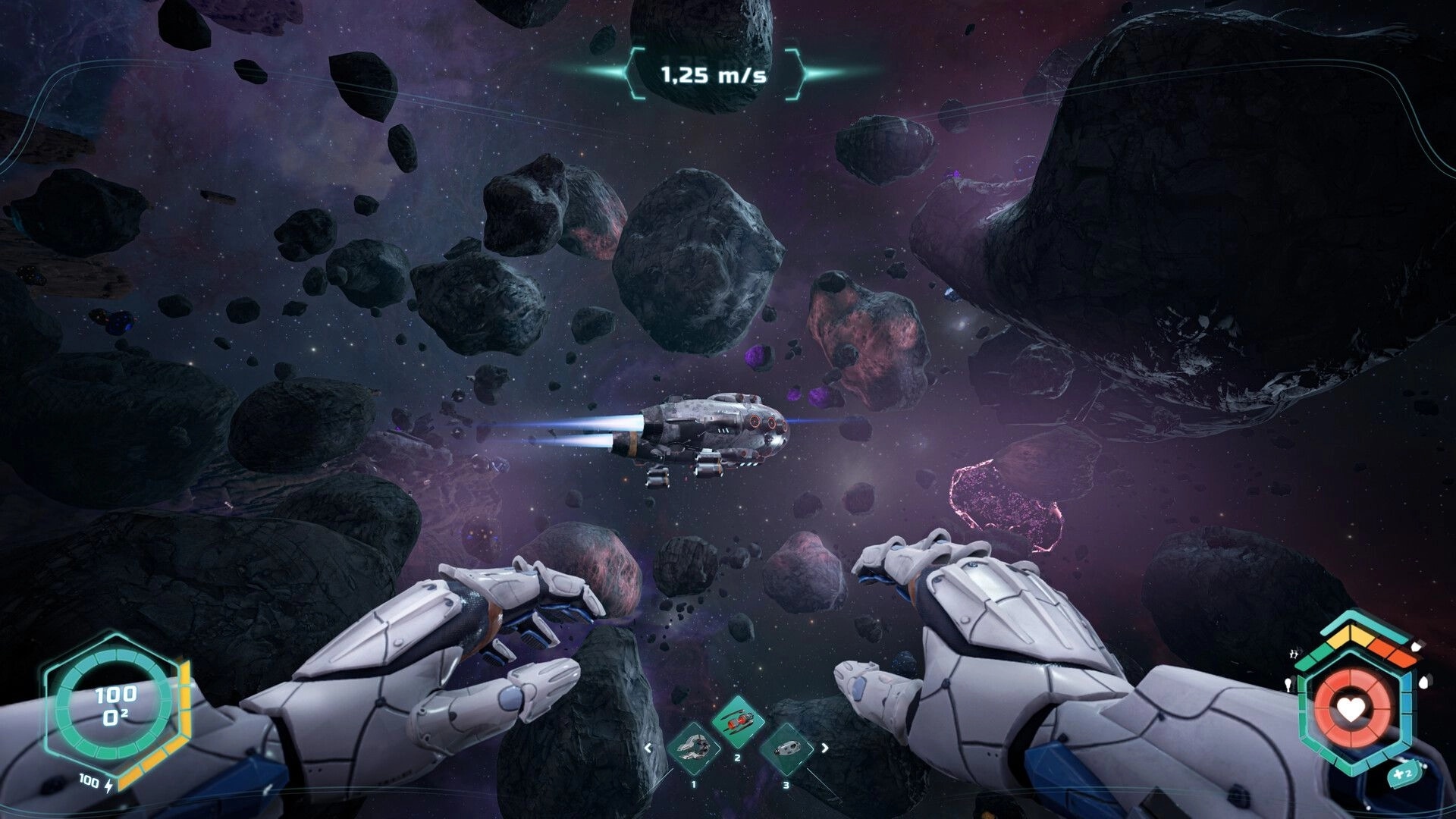 14: First-person EVA with gloved hands near a ship in asteroid field, speed 1.25 m/s HUD.
