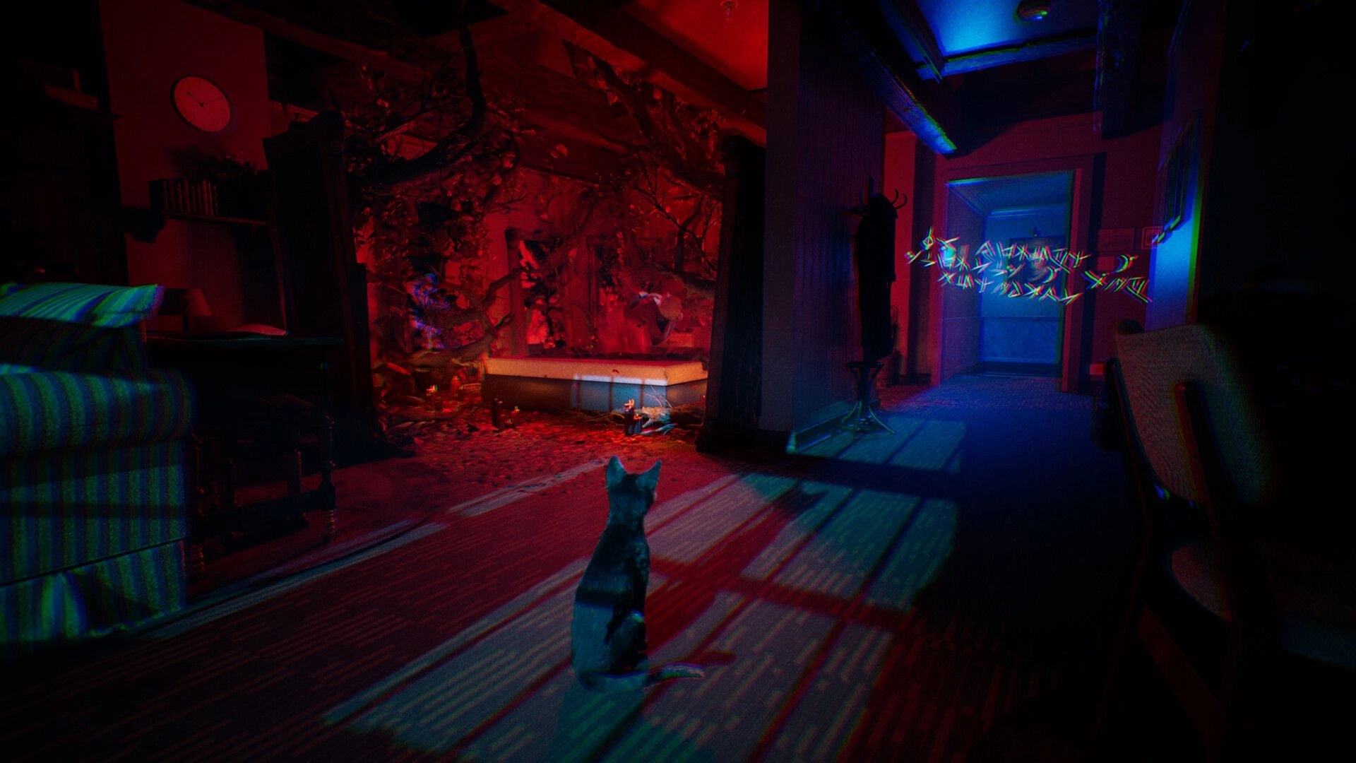 1666: Cat watches glitching symbols float in a red-lit room with candles and twisted vines nearby.