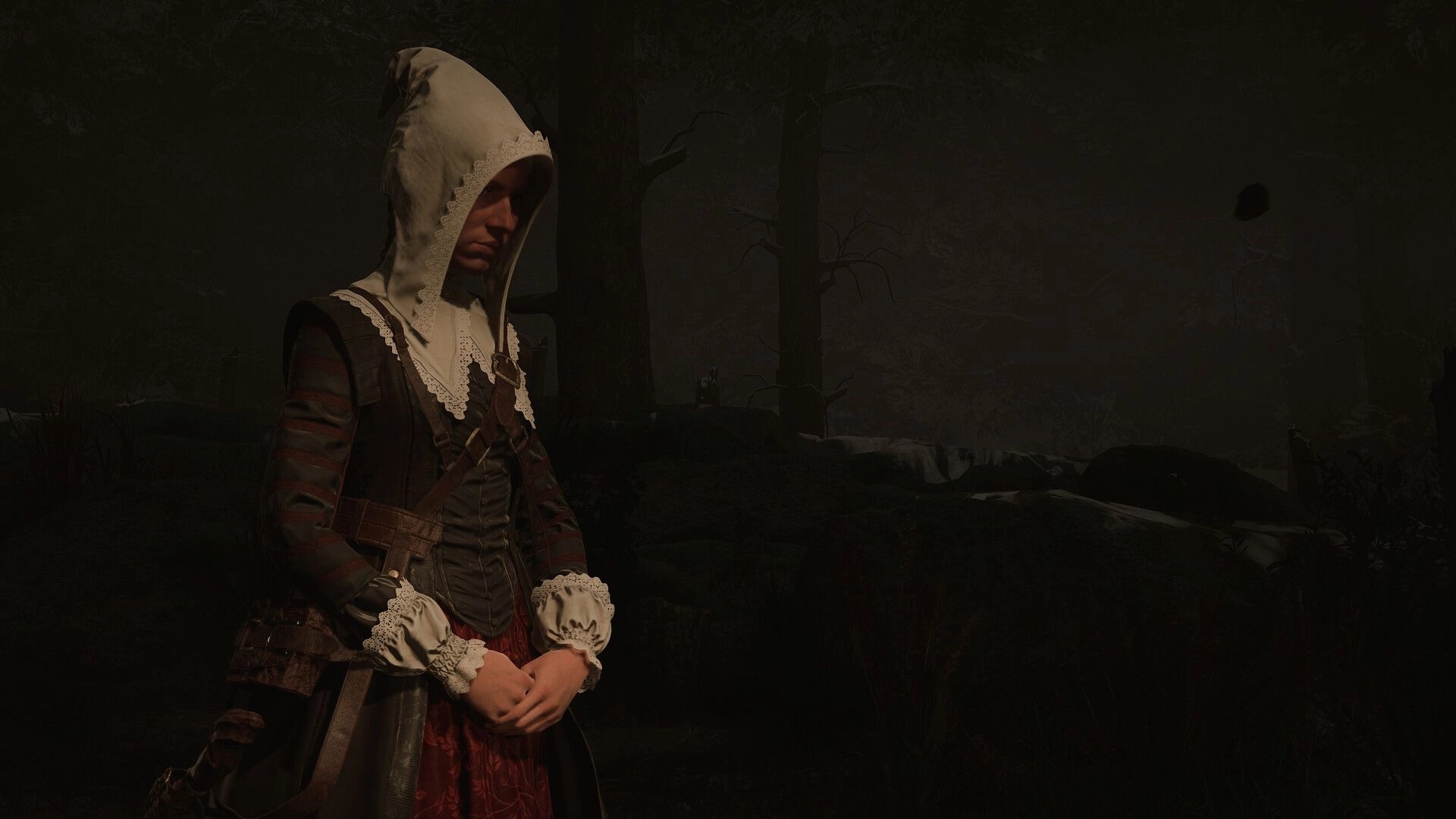 1666: Hooded woman in period clothing stands in a foggy forest with bare trees at night.