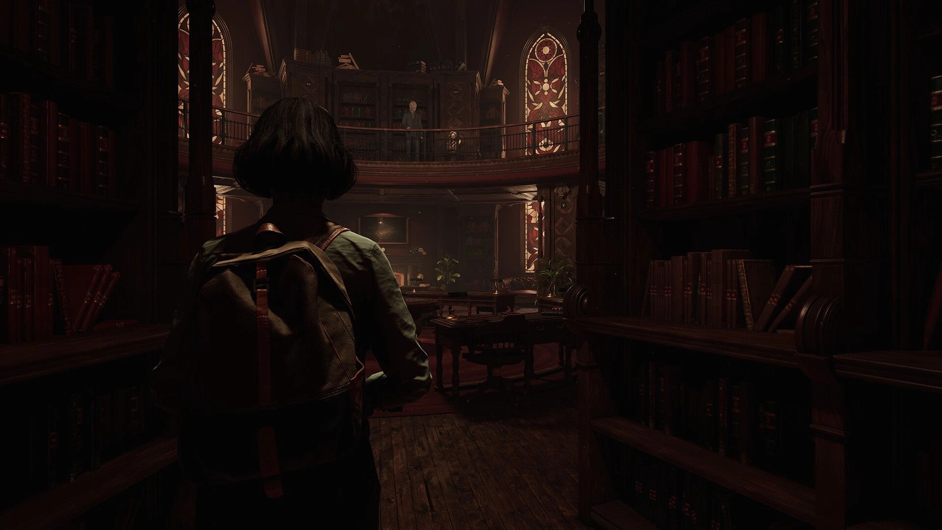 1666: Third-person view of Noa entering a dim library, facing an NPC on the balcony above.