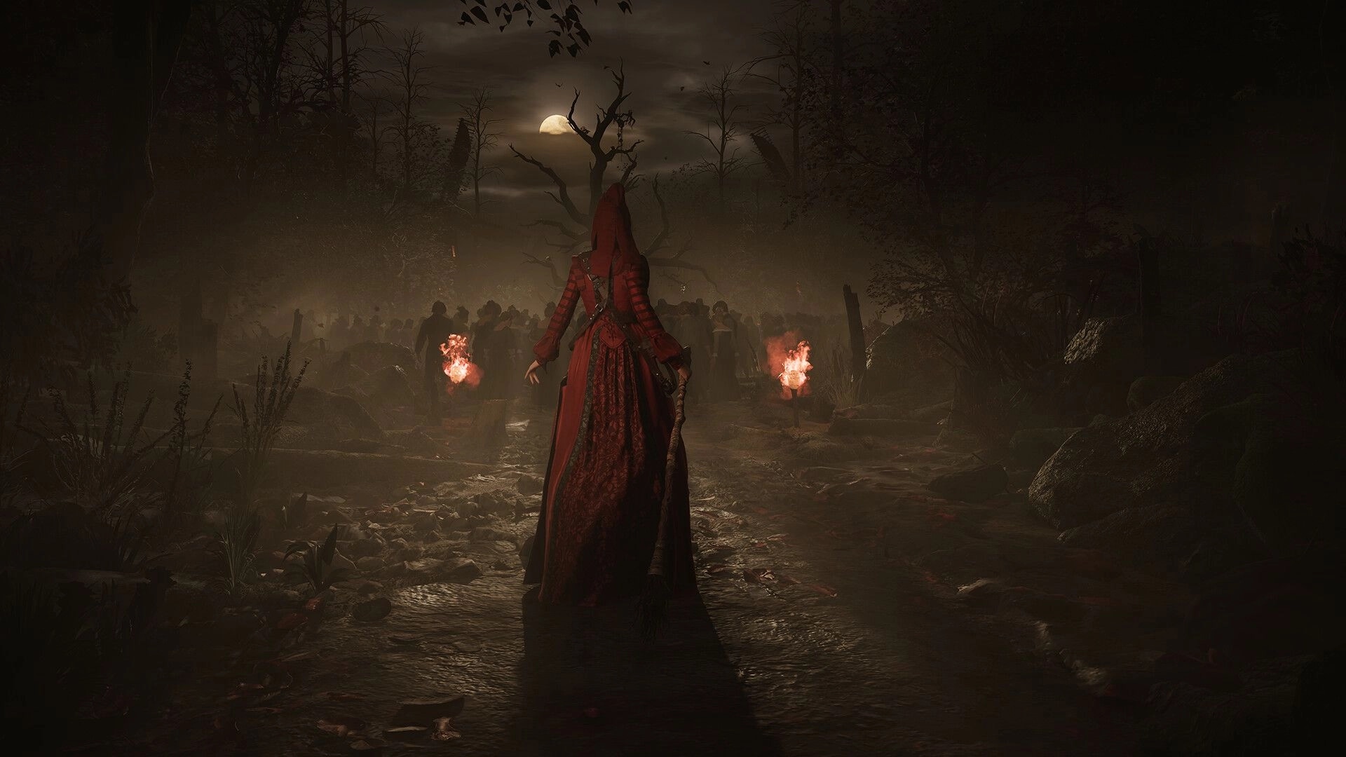 1666: Hooded woman in red walks toward a torchlit crowd on a foggy forest path at night.
