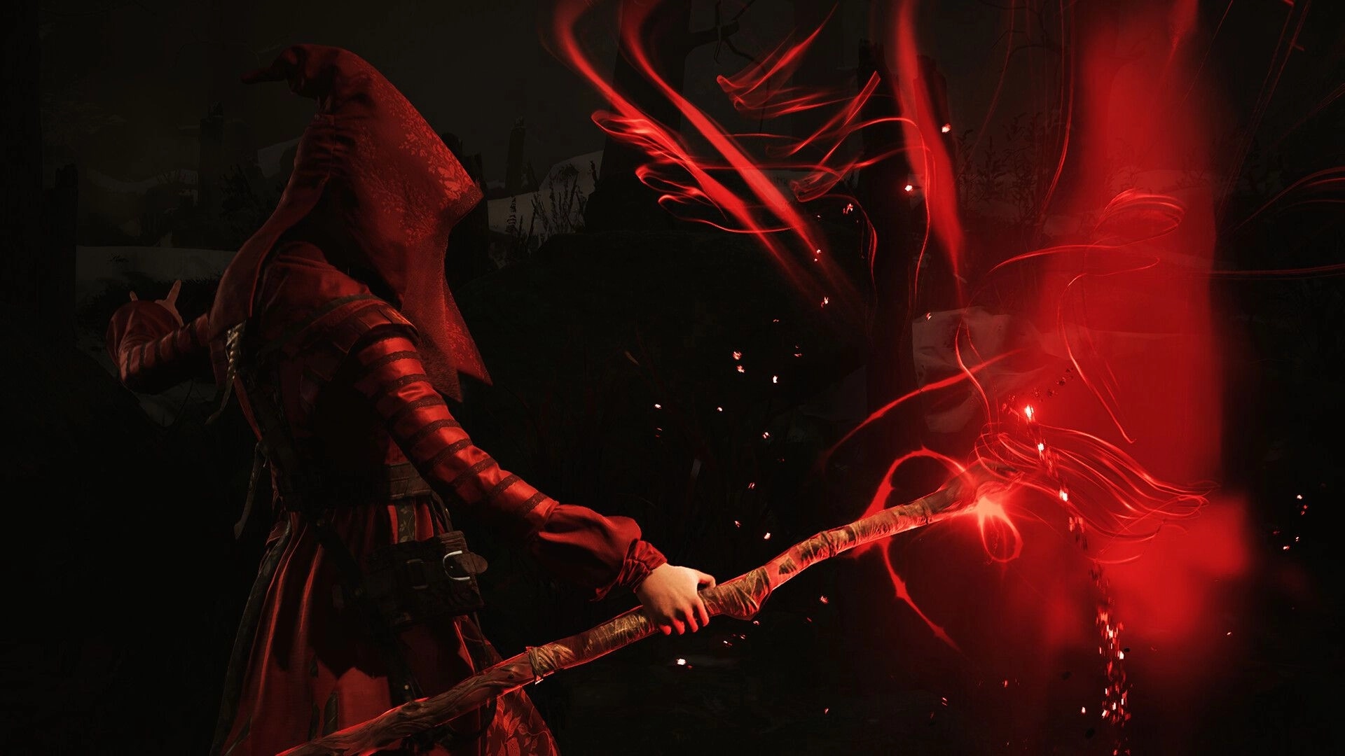 1666: Hooded witch casts red magic from a staff in a dark outdoor scene with swirling energy trails.