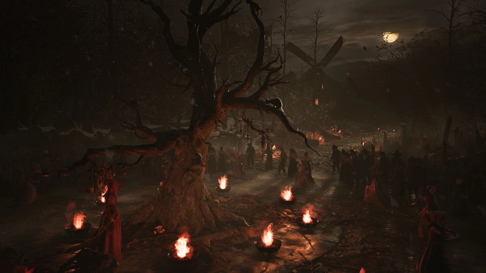 1666: Hooded figures gather around a dead tree and fire bowls in a moonlit swamp clearing.