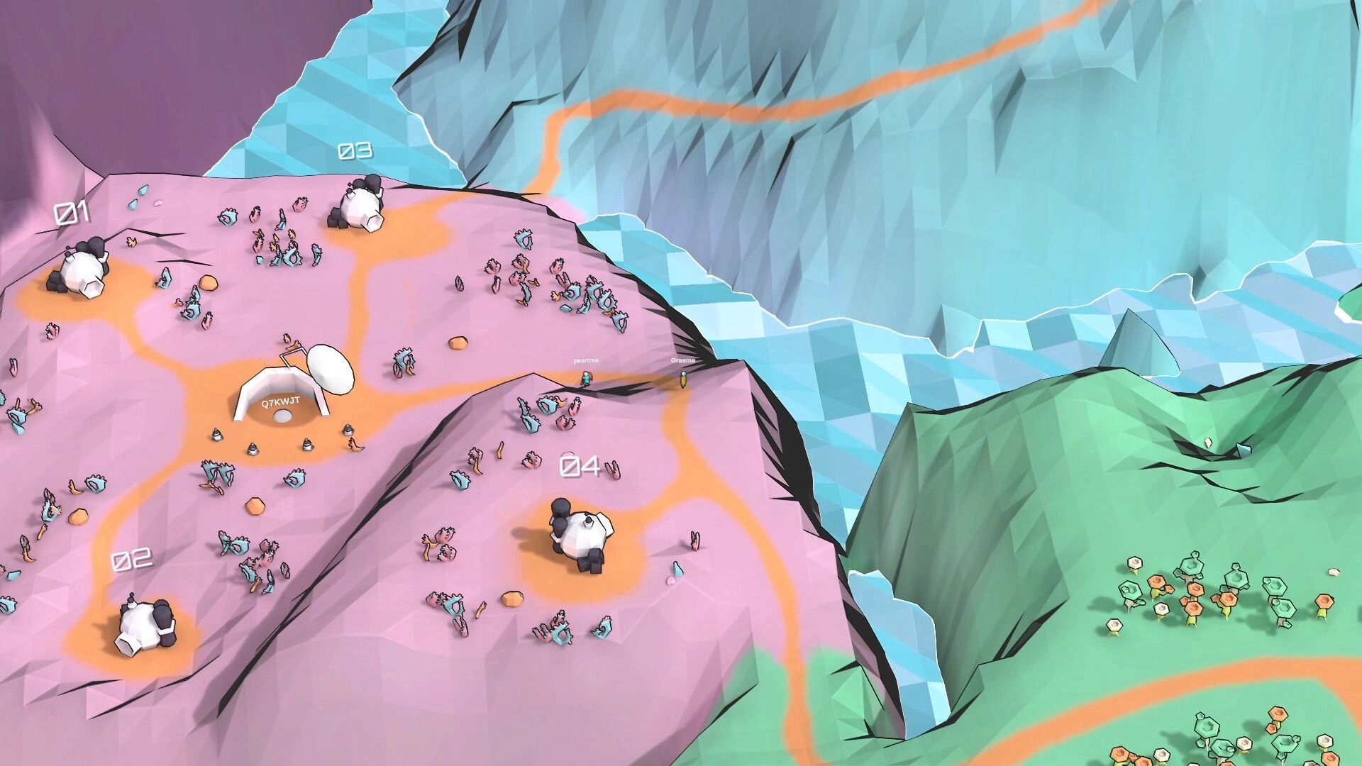 17.waves TD: Overhead view of alien hordes approaching four turret positions on a colorful terrain map.
