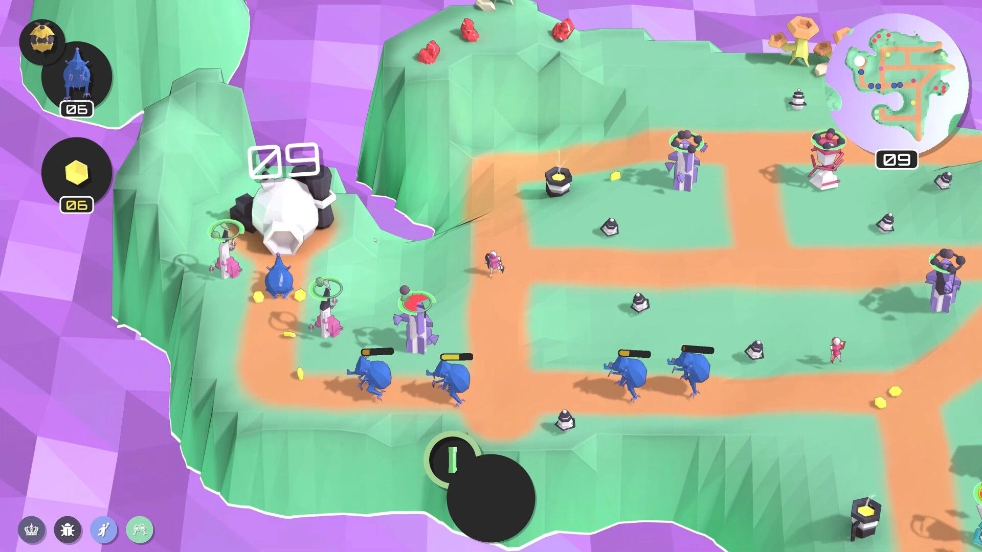 17.waves TD: Low-poly landscape with towers and aliens on a path, mini-map and resource icons visible