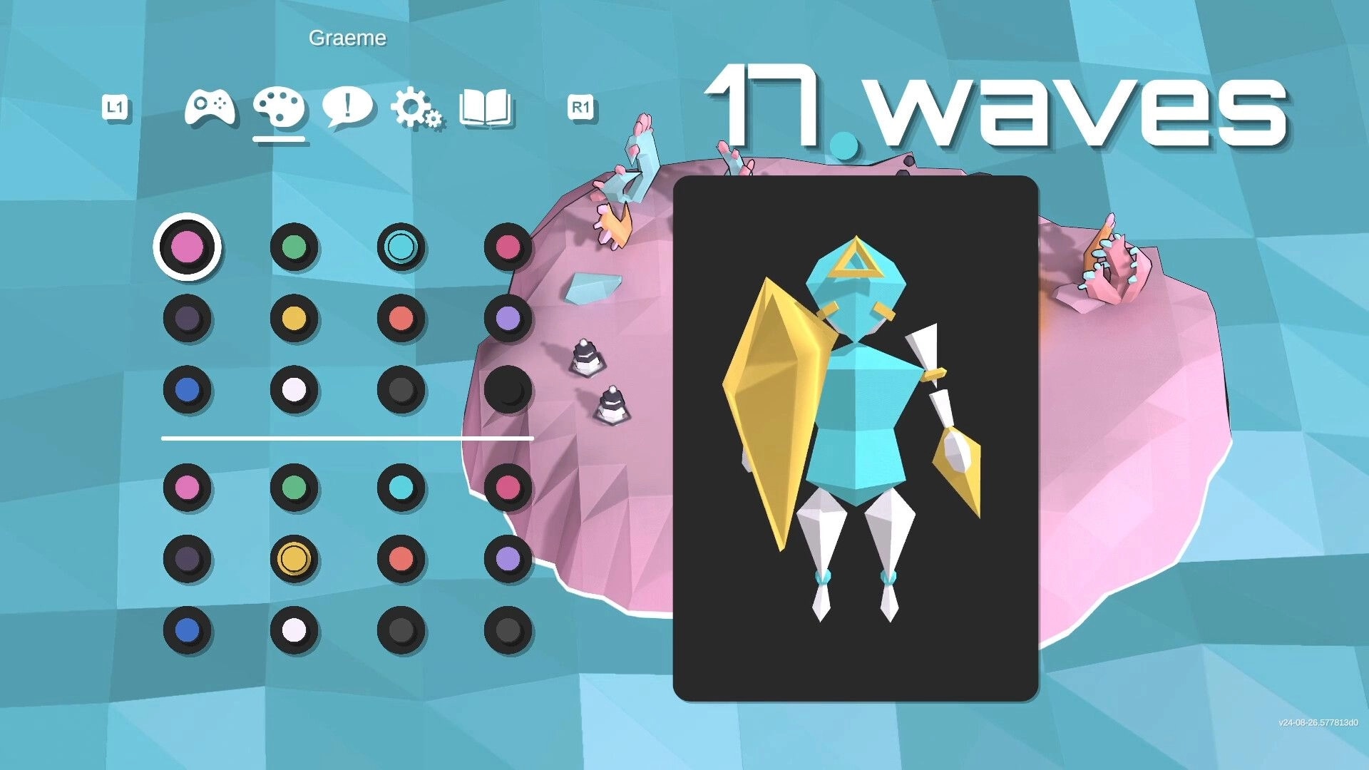 17.waves TD: Character customization screen with color options and a knight avatar on a floating island