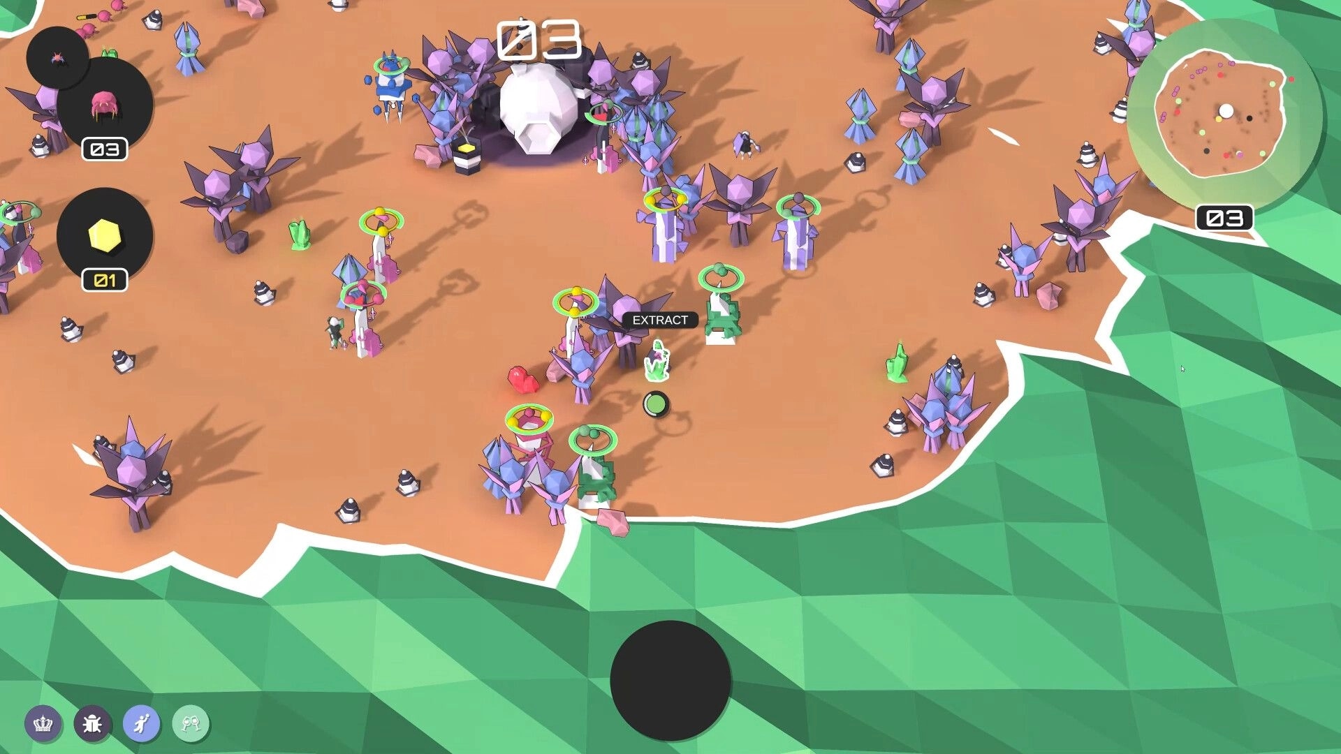 17.waves TD: Top-down view of alien base defense with towers and extraction point on desert terrain