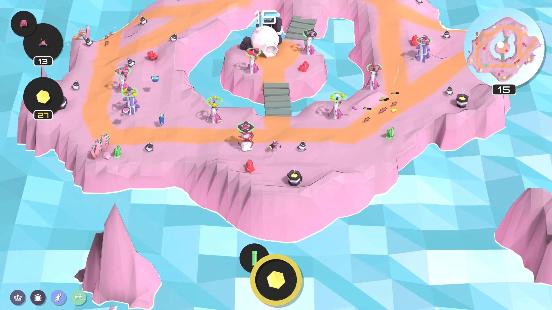 17.waves TD: Colorful island map with tower placements, enemy paths, and resource icons visible