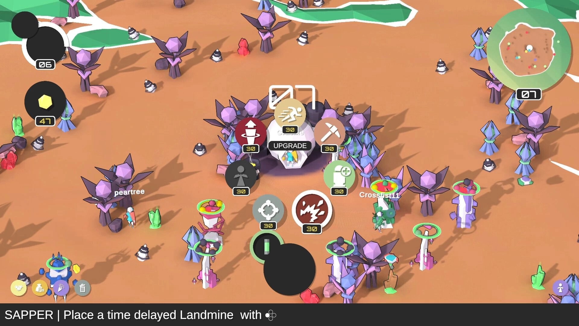 17.waves TD: Upgrade menu open amidst alien landscape with player towers and minimap in top right corner.