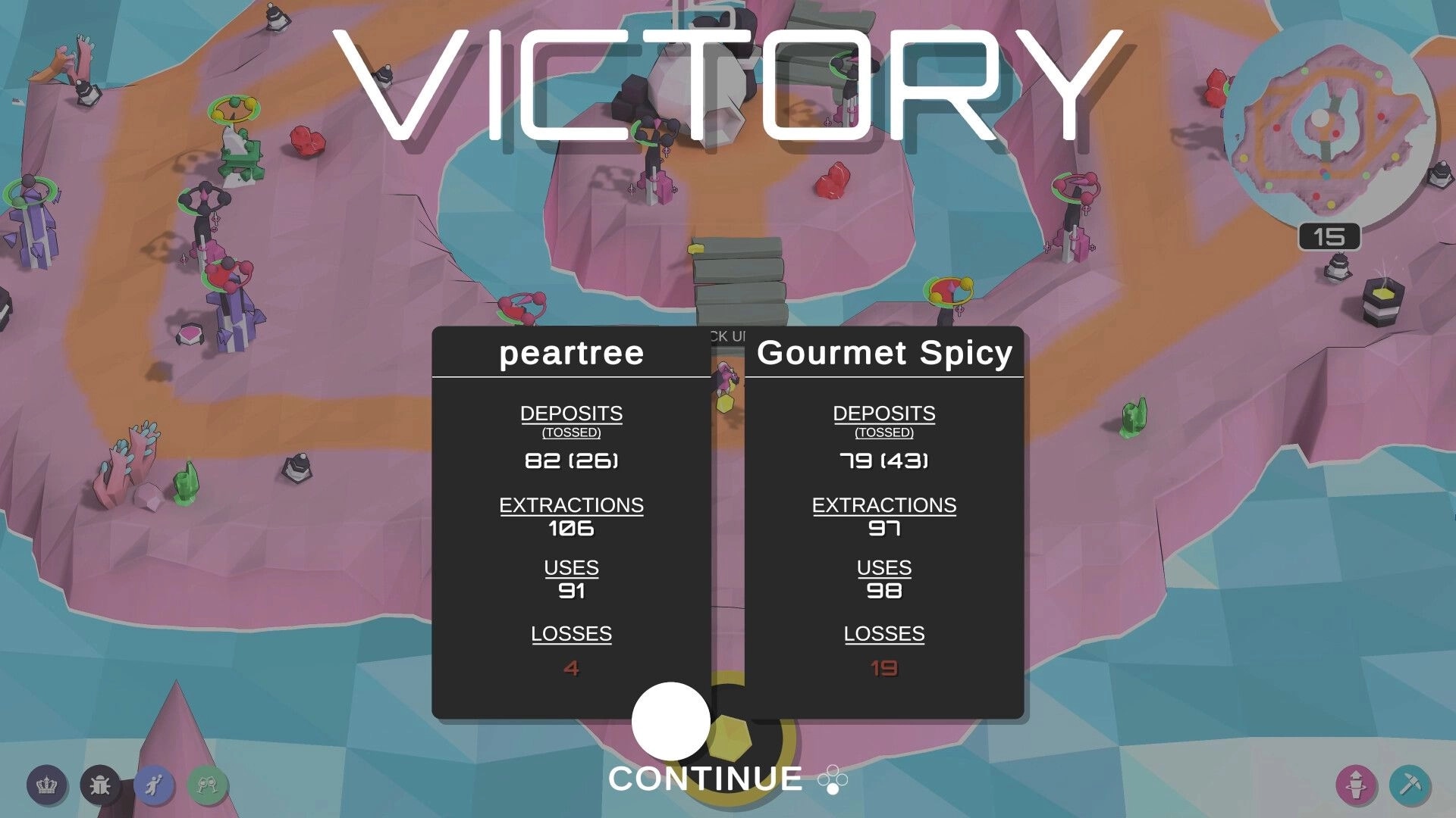 17.waves TD: Victory screen with player stats and colorful alien-themed terrain in background