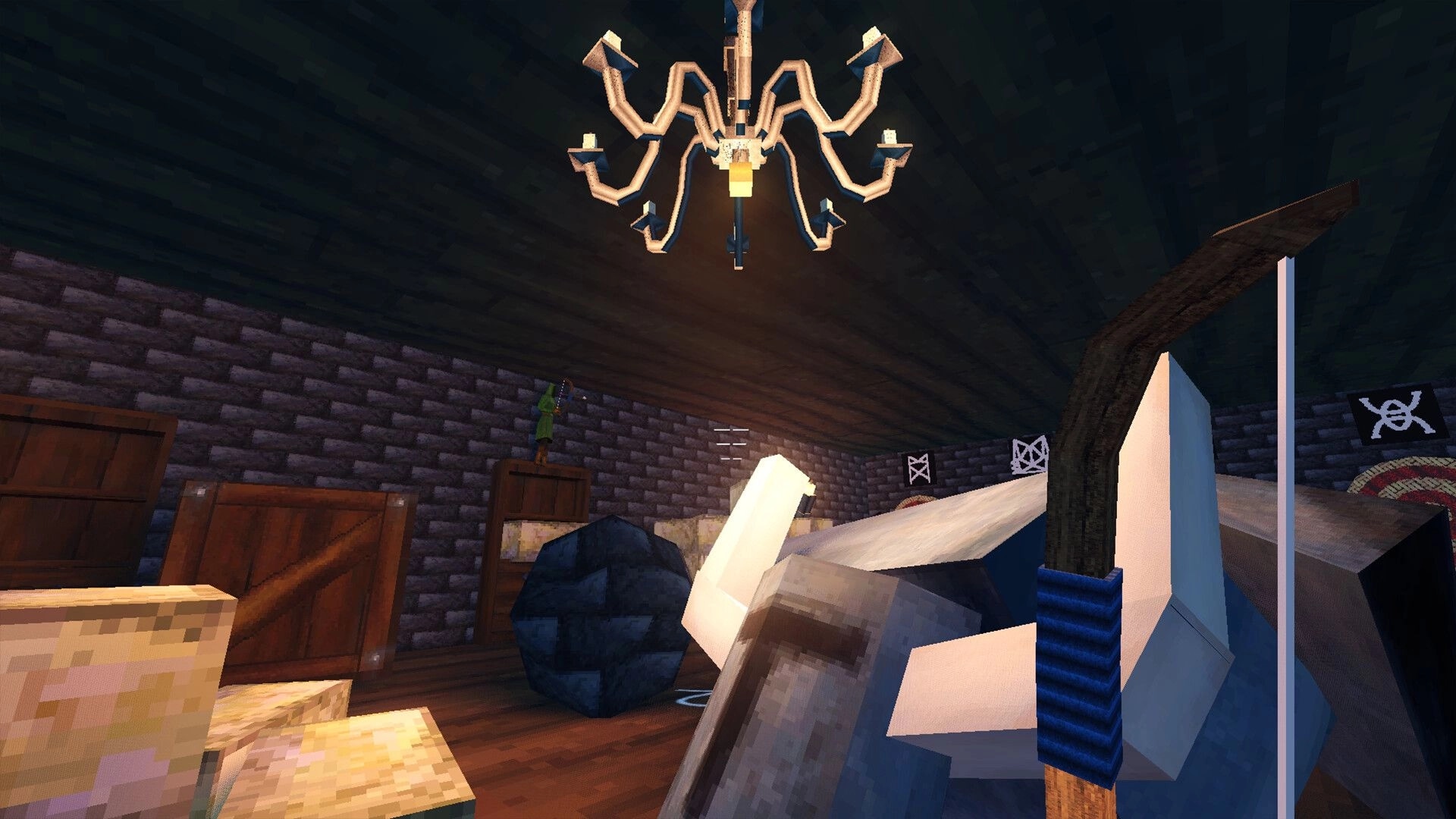 2 Bows 1 Arrow: Player holding bow in dimly lit room with wooden crates and chandelier overhead